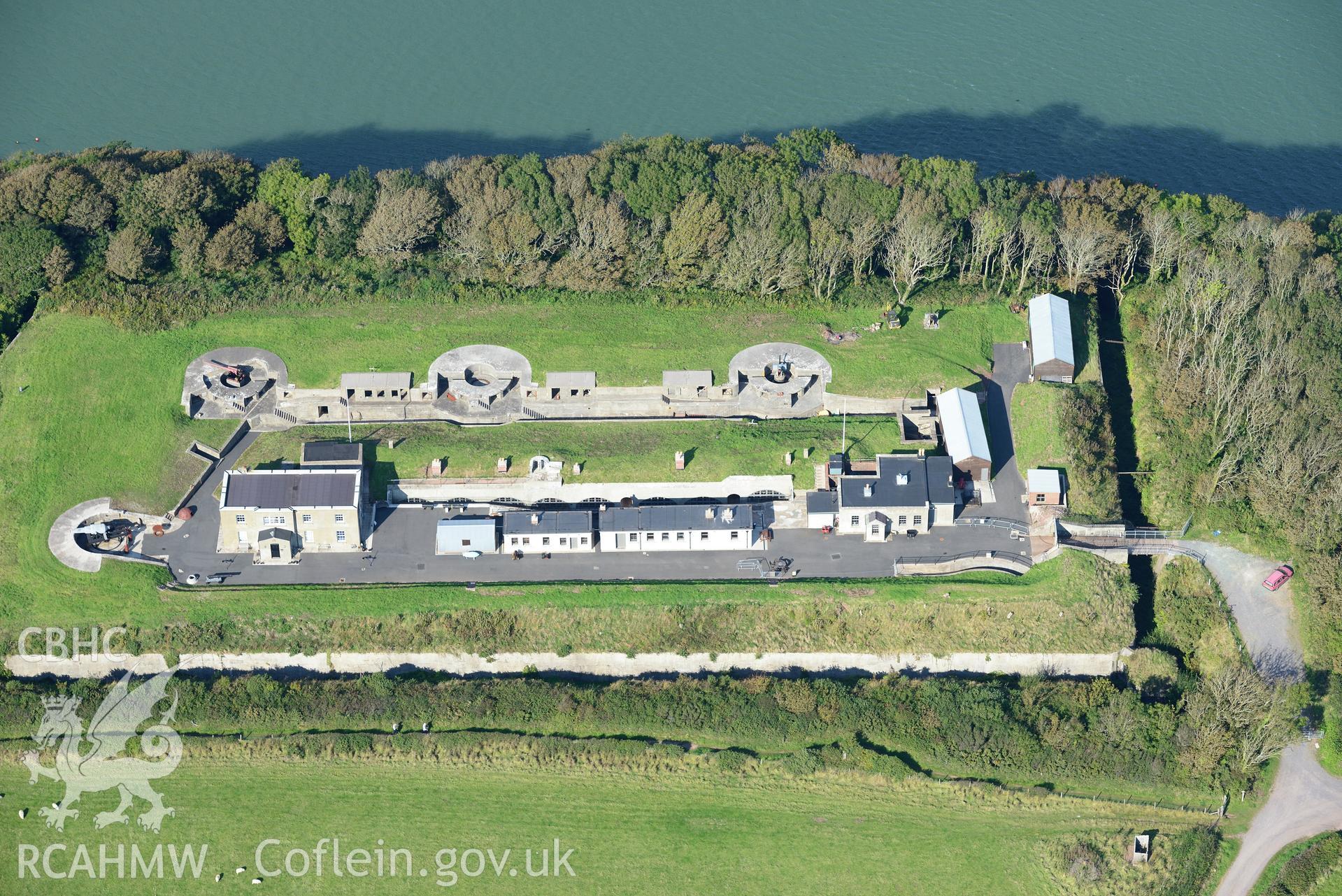 Chapel Bay Fort, west of Pembroke Dock. Oblique aerial photograph taken during the Royal Commission's programme of archaeological aerial reconnaissance by Toby Driver on 30th September 2015.