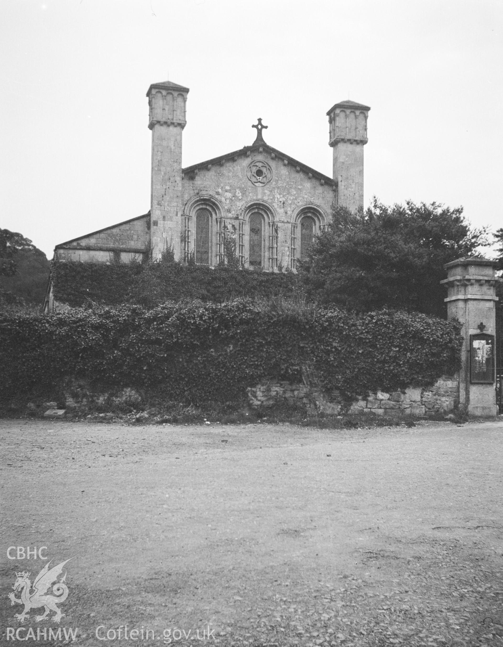 Digital copy of a nitrate negative showing exterior view of St Mary's Church, Margam, circa 1935. From the National Building Record Postcard Collection.