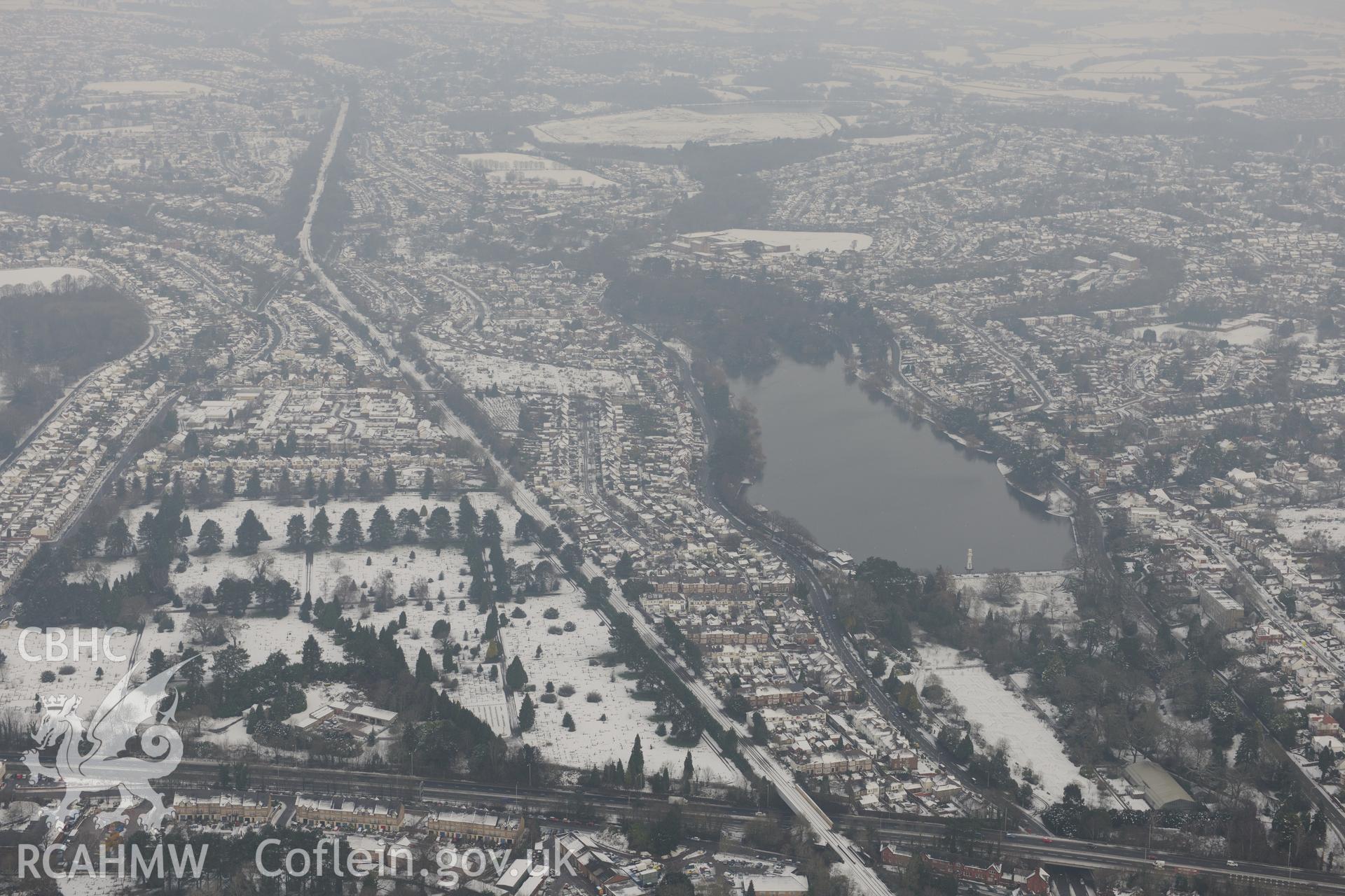 Roath Park, Cardiff. Oblique aerial photograph taken during the Royal Commission?s programme of archaeological aerial reconnaissance by Toby Driver on 24th January 2013.