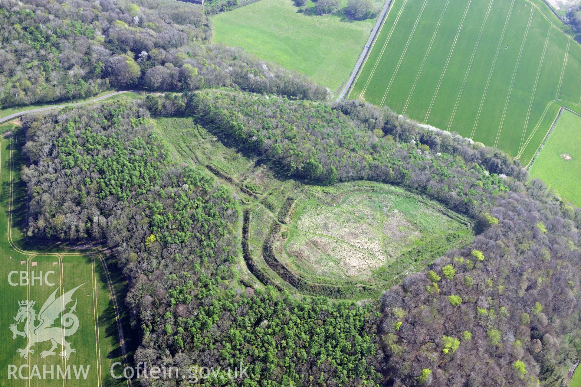 Llanmelin Wood Hillfort. Oblique aerial photograph taken during the Royal Commission's programme of archaeological aerial reconnaissance by Toby Driver on 21st April 2015