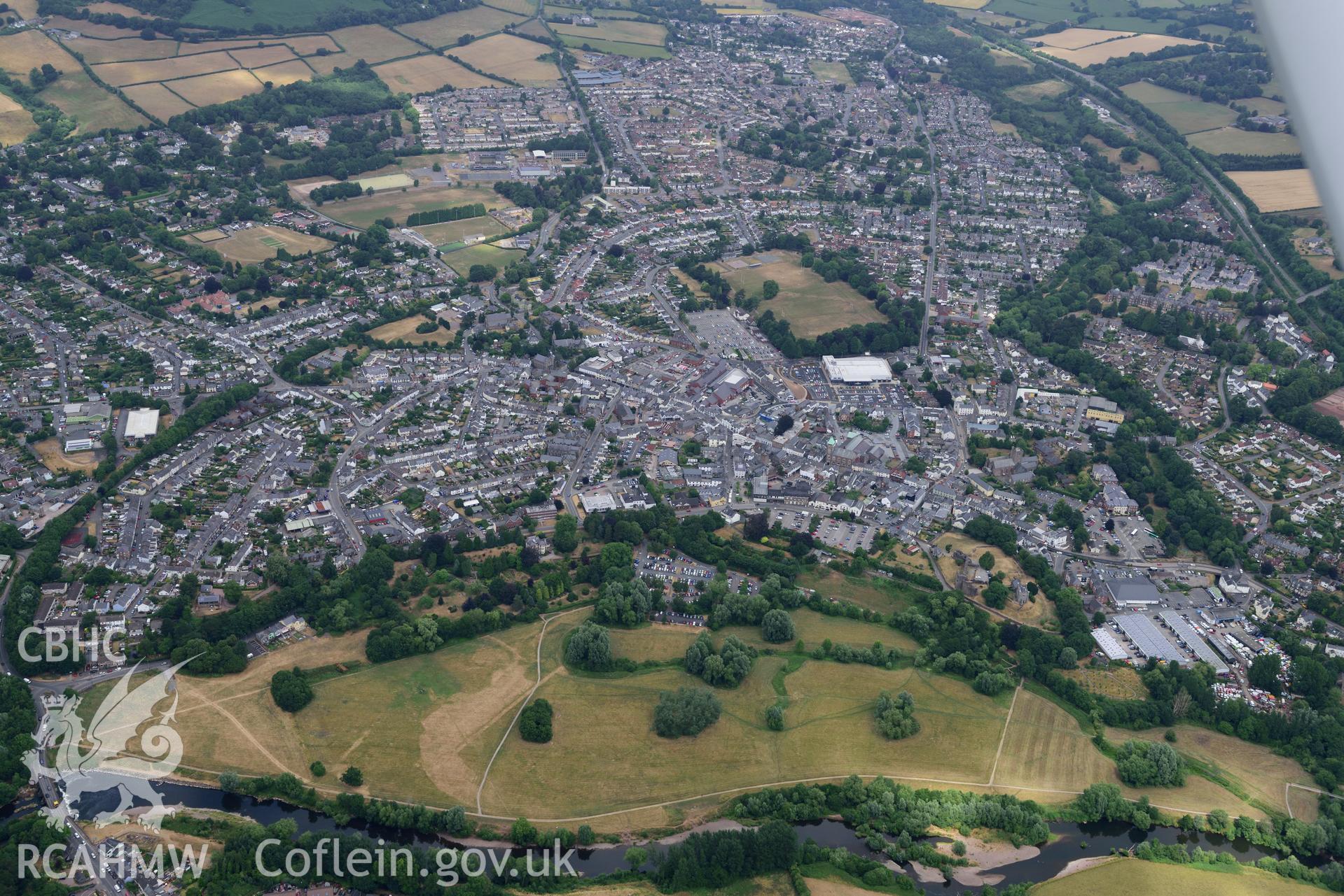 Royal Commission aerial photography of Abergavenny Castle taken on 19th July 2018 during the 2018 drought.