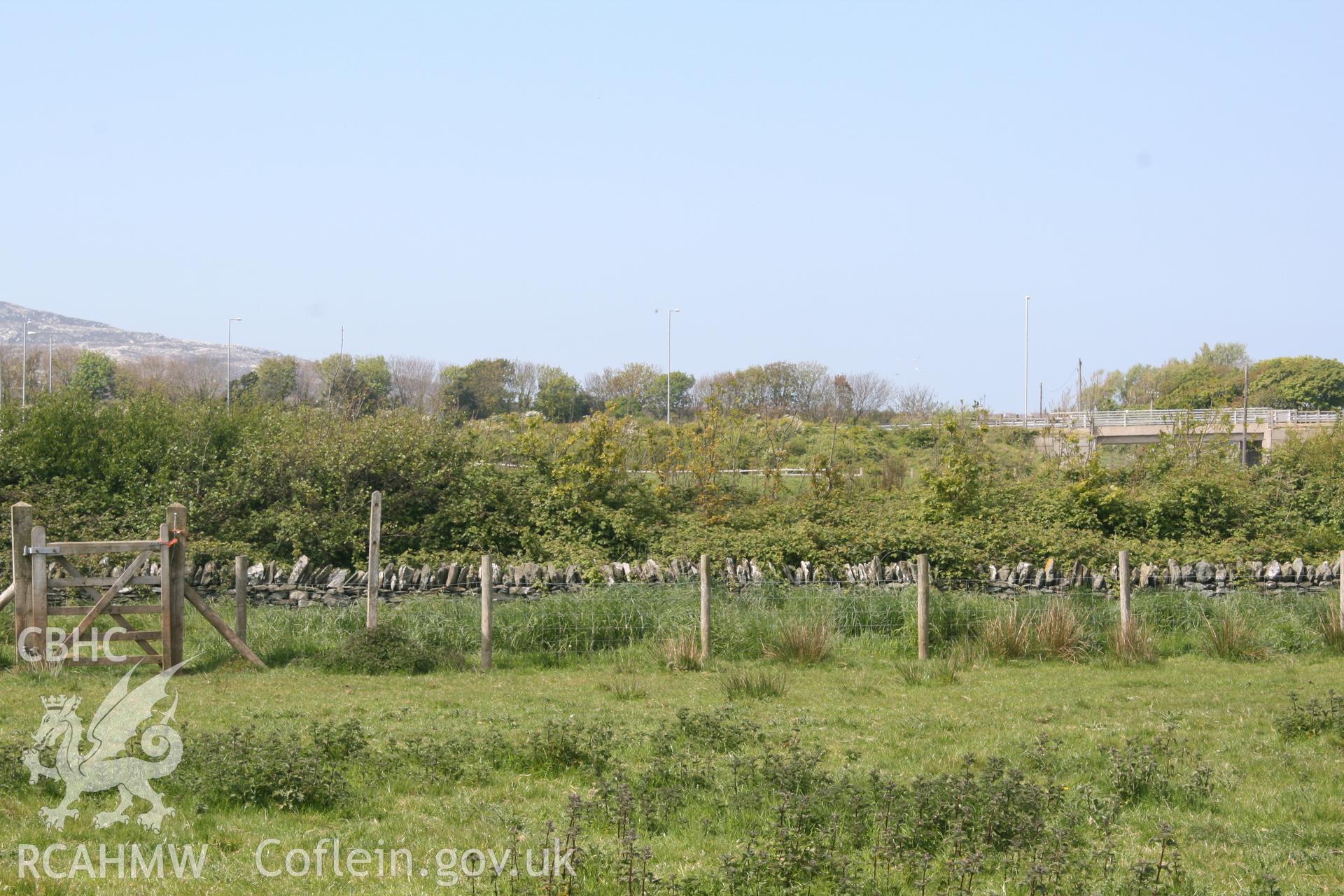 View from Ty-Mawr standing stone towards the development site, with woodland screening in foreground. Digital photograph taken as part of archaeological work at Parc Cybi Enterprise Zone, Holyhead, carried out by Archaeology Wales, 2017. Project no: P2522.