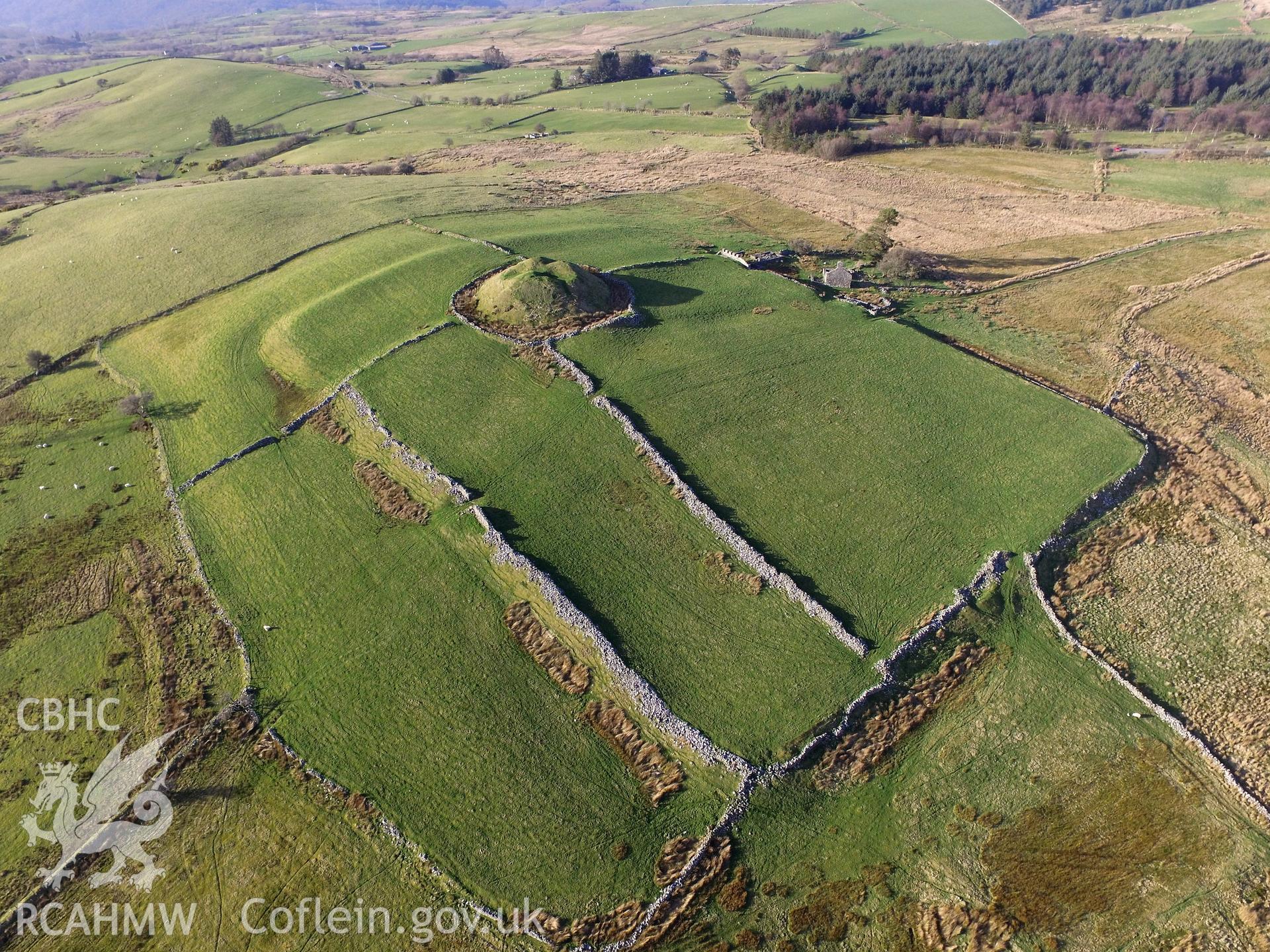 Aerial view from the south of Tomen-y-Mur and Tomen-y-Mur farm, Maentwrog. Colour photograph taken by Paul R. Davis on 15th March 2017.