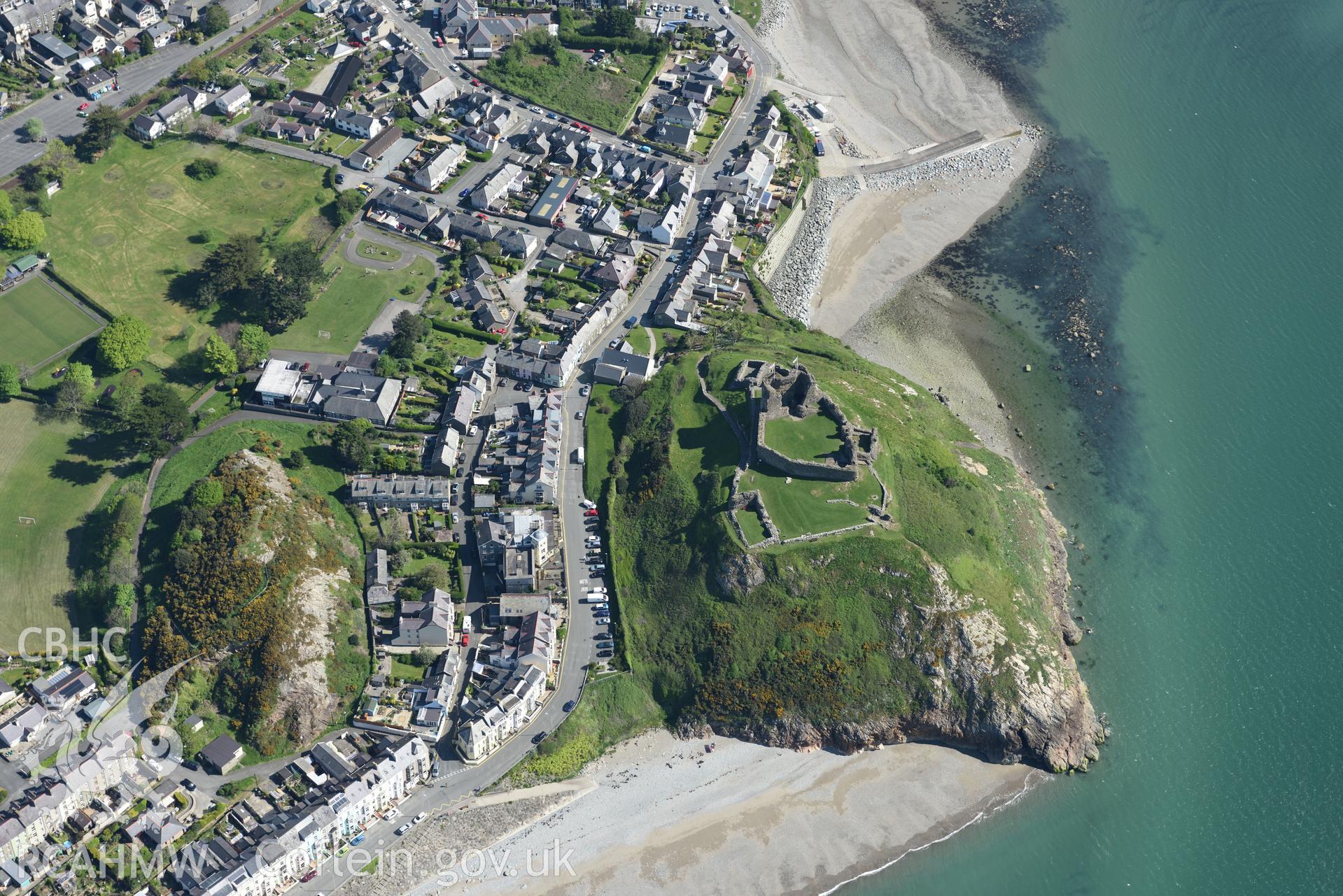 Aerial photography of Criccieth and its castle taken on 3rd May 2017.  Baseline aerial reconnaissance survey for the CHERISH Project. ? Crown: CHERISH PROJECT 2017. Produced with EU funds through the Ireland Wales Co-operation Programme 2014-2020. All ma