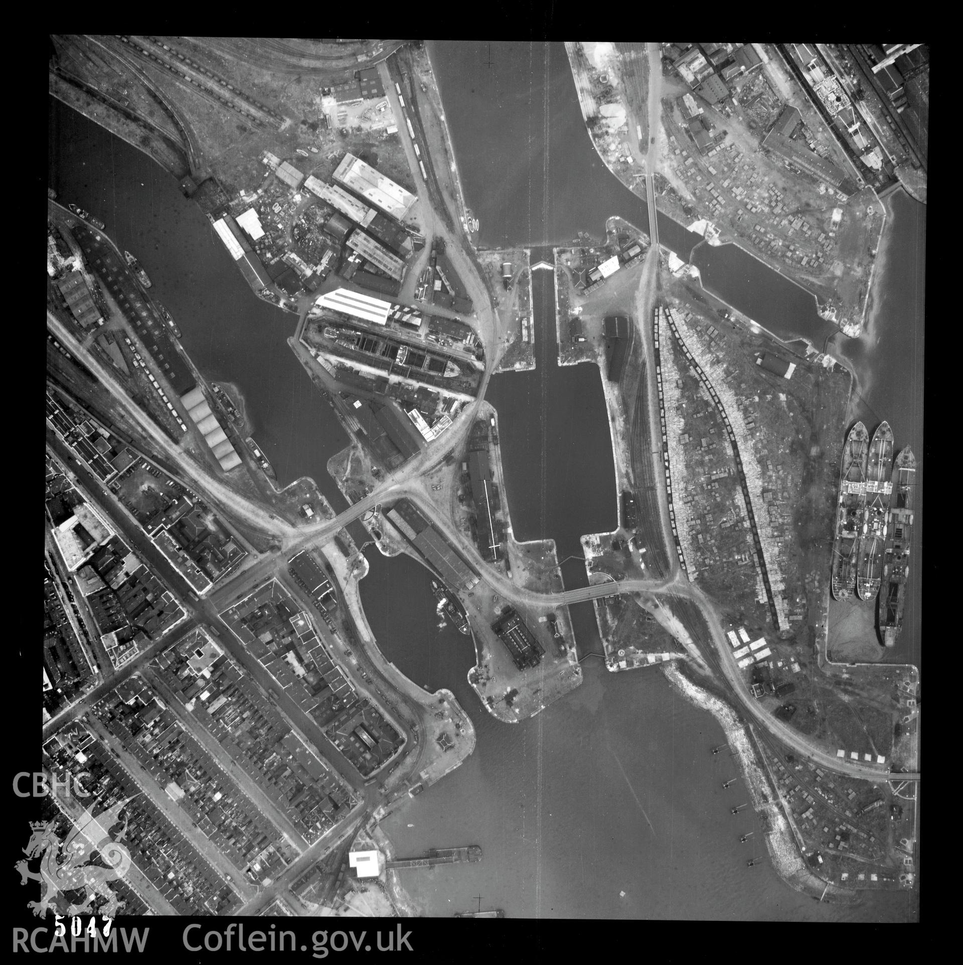 Digital copy of a black and white vertical aerial photograph taken by the RAF on 14/08/1948 showing Roath Dock area of Cardiff.