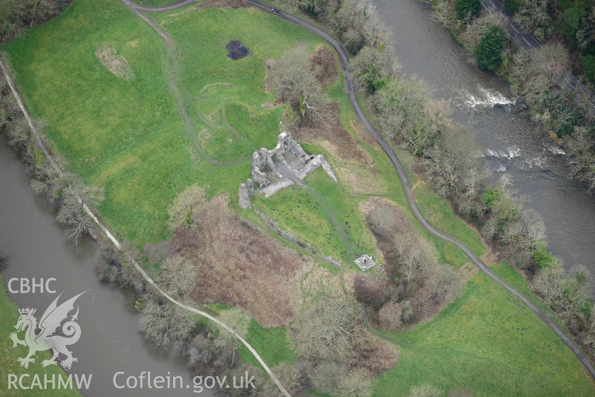 Newcastle Emlyn castle. Oblique aerial photograph taken during the Royal Commission's programme of archaeological aerial reconnaissance by Toby Driver on 13th March 2015.