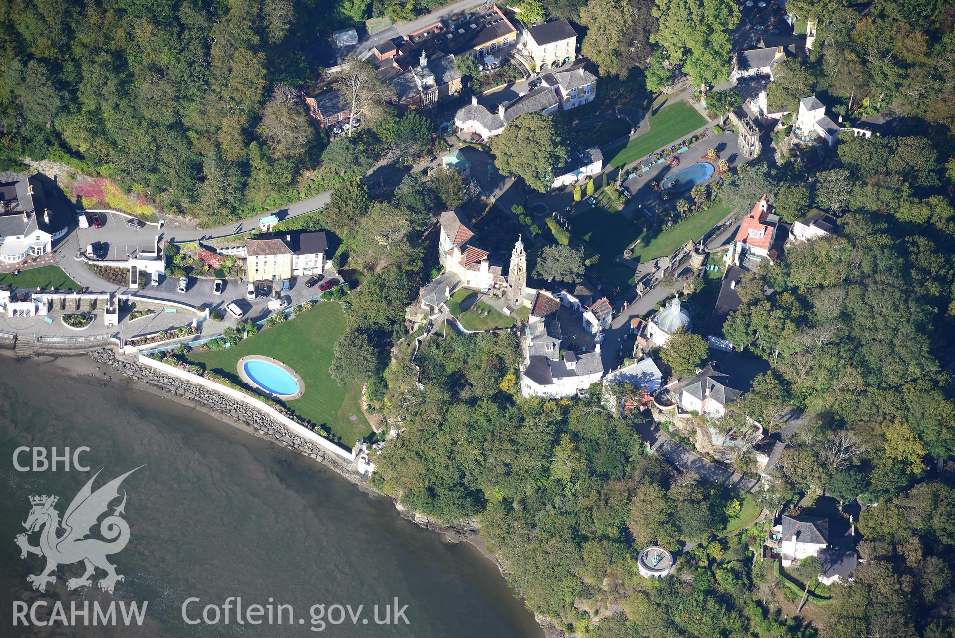 The Campanile tower, Portmeirion, south of Porthmadog. Oblique aerial photograph taken during the Royal Commission's programme of archaeological aerial reconnaissance by Toby Driver on 2nd October 2015.