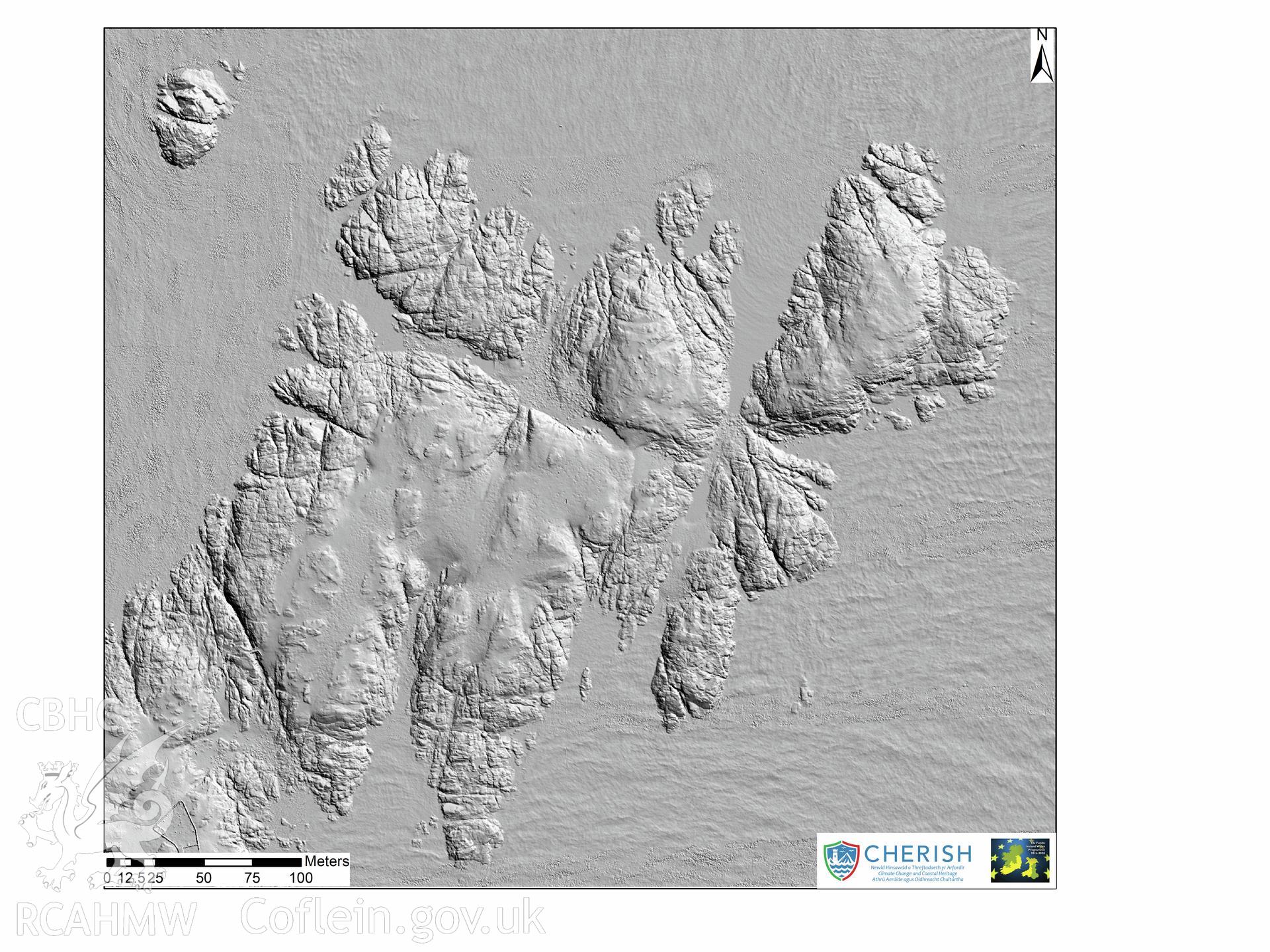 Ynysoedd y Moelrhoniaid (The Skerries Islet). Airborne laser scanning (LiDAR) commissioned by the CHERISH Project 2017-2021, flown by Bluesky International LTD at low tide on the 24th of February 2017. View showing the north area of Skerries Islet with the bridge over the chasm and the beacons. This LiDAR reading shows a digital surface model (DSM) with hill shading.