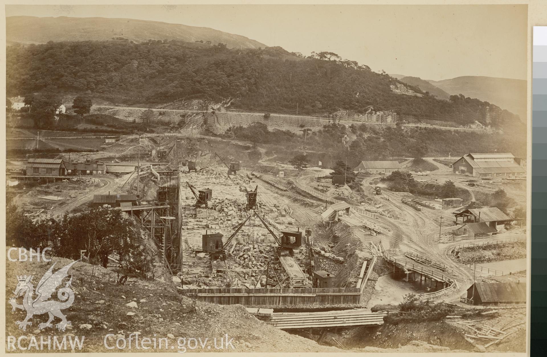 Digital copy of an albumen print from Edward Hubbard Collection. Album 'Lake Vyrnwy Photographs' print entitled 'The Vyrnwy masonry Dam' taken October 1884.