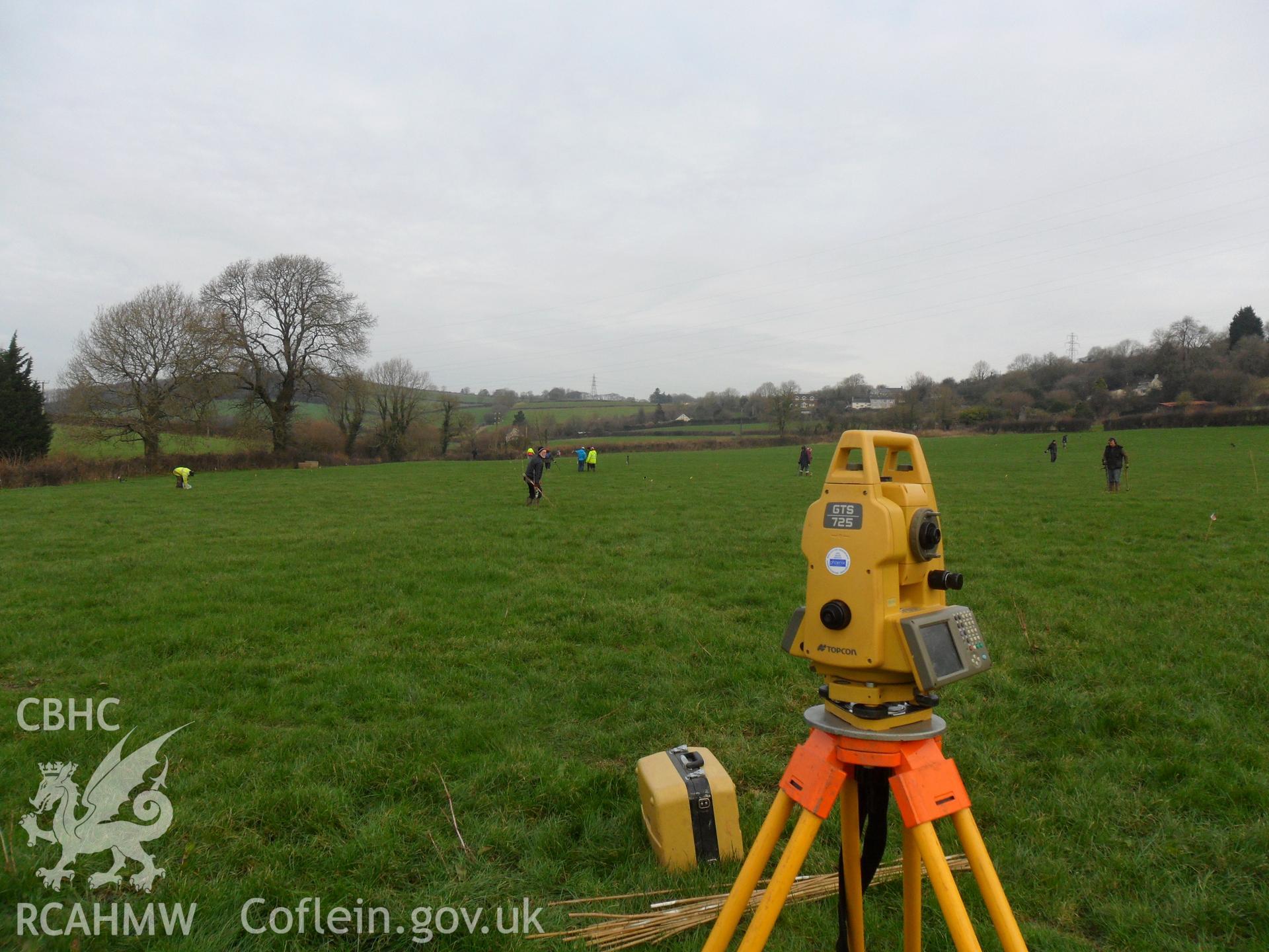 Digital colour photograph of archaeological investigation at Maes Gwenllian battlefield. From report no. 1050 - Maes Gwenllian battlefield, part of the Welsh Battlefield Metal Detector Survey, carried out by Archaeology Wales.