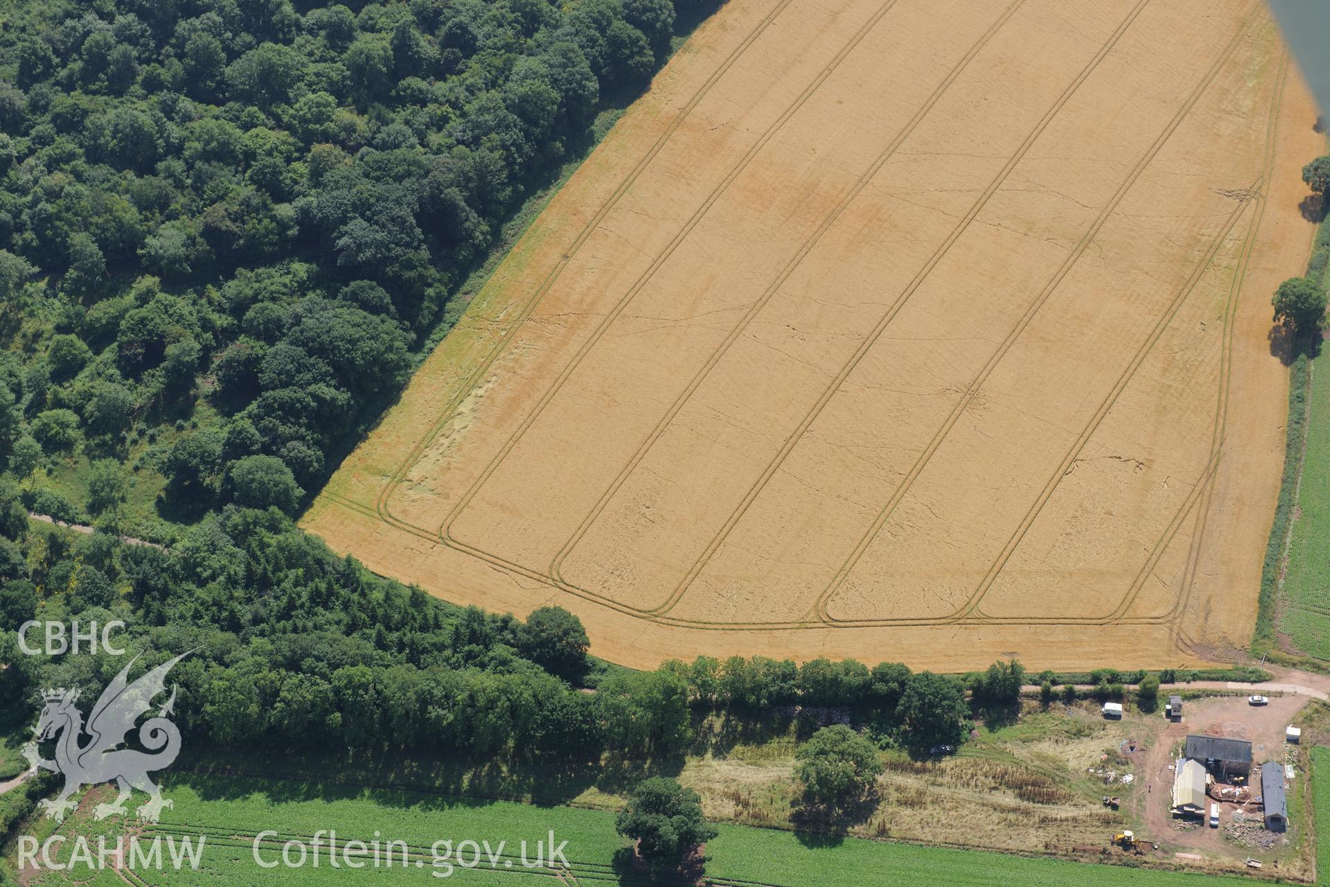 Little Hadnock Roman site, near the Wales-England border, north east of Monmouth. Oblique aerial photograph taken during the Royal Commission?s programme of archaeological aerial reconnaissance by Toby Driver on 1st August 2013.