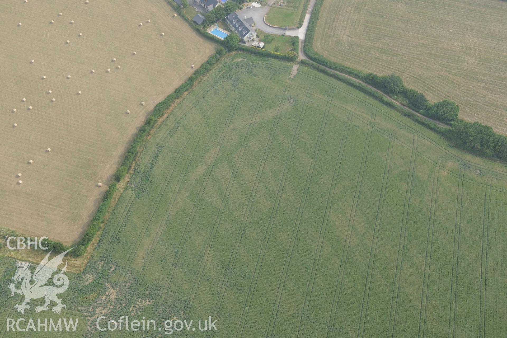 Royal Commission aerial photography of cropmarks at Moorlands Farm recorded during drought conditions on 22nd July 2013 at the time of their discovery.