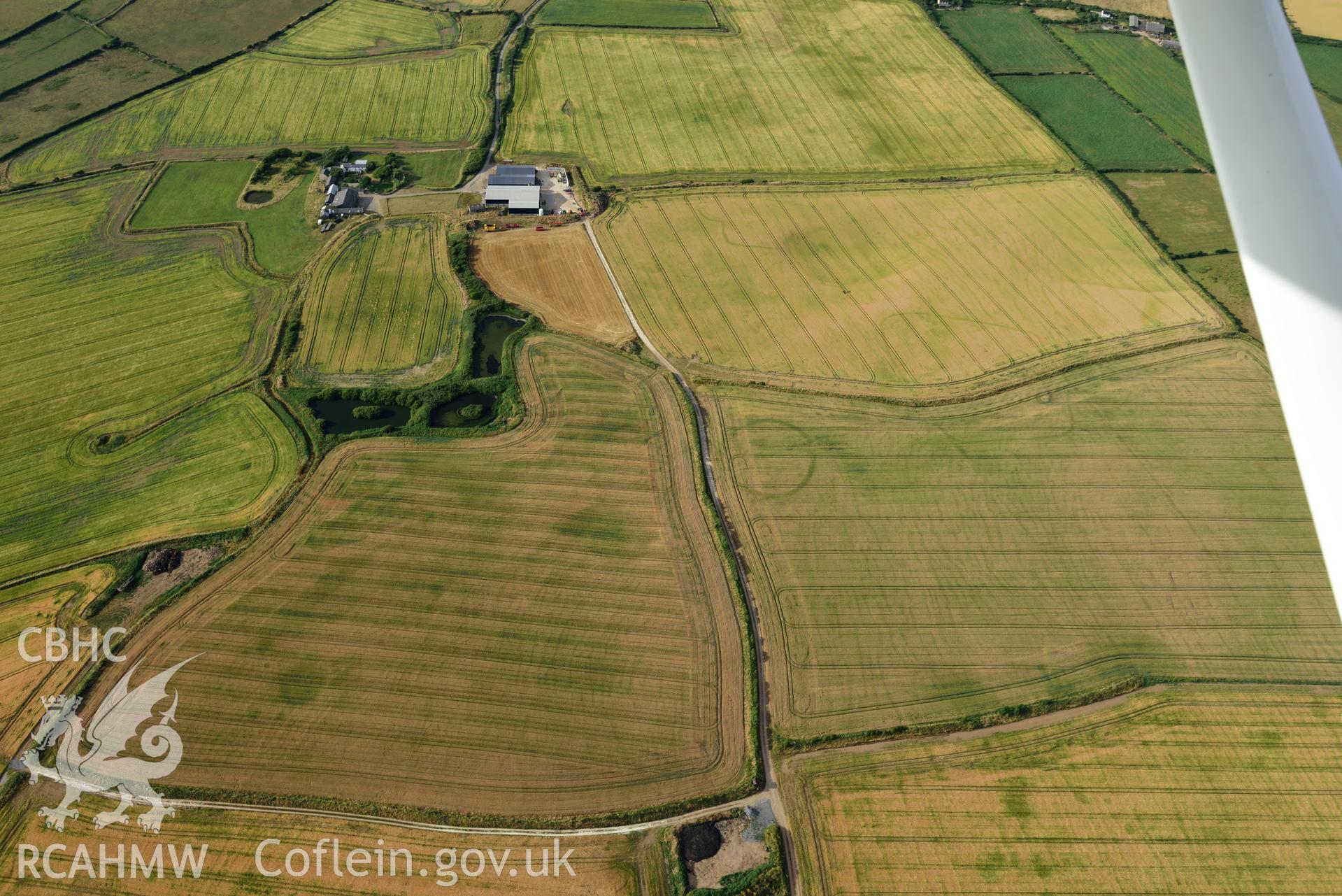 Royal Commission aerial photography of Paviland Manor cropmark complex, south-west circular enclosure, taken on 17th July 2018 during the 2018 drought.