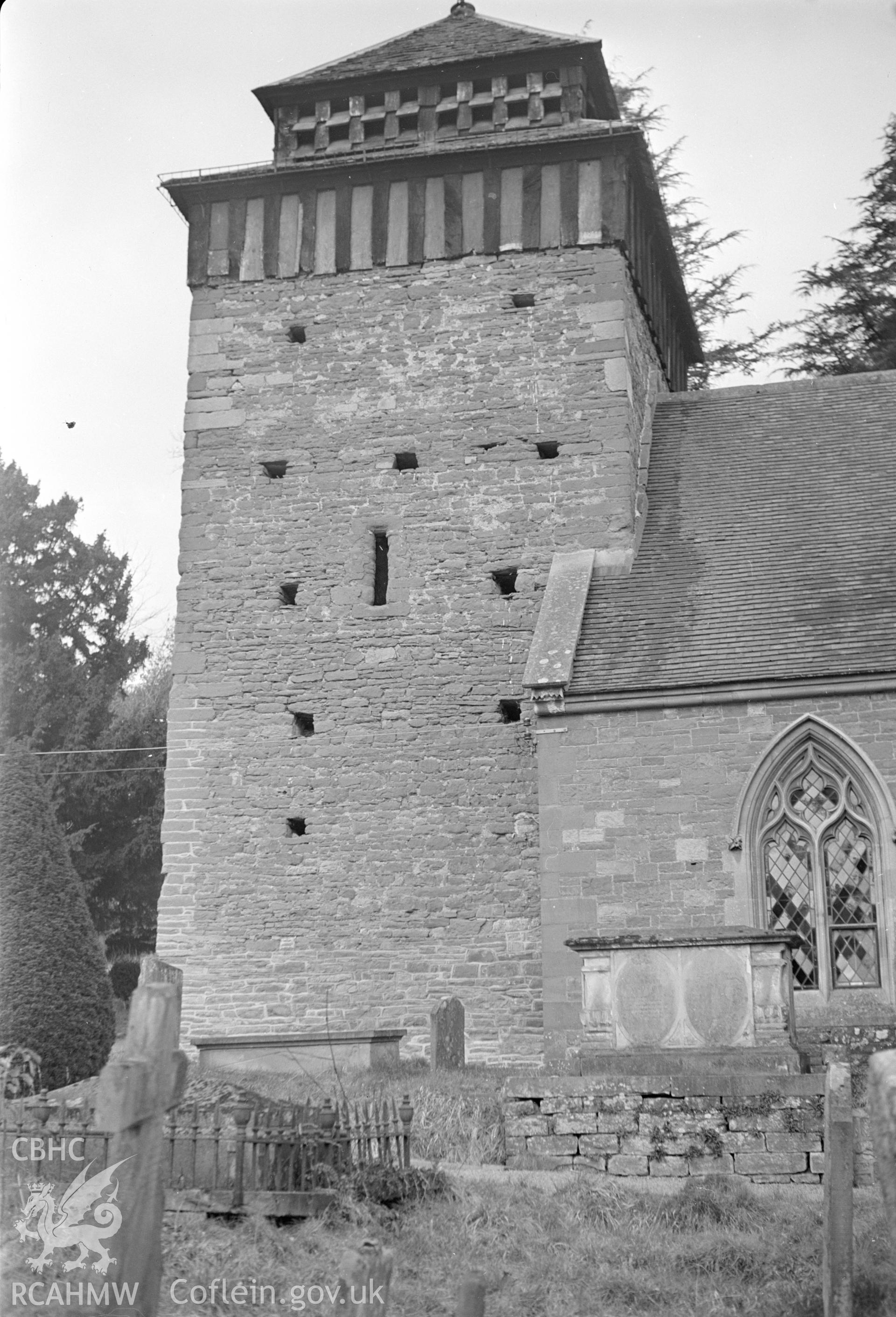 Digital copy of a black and white negative showing St Cenedlon's Church, Rockfield