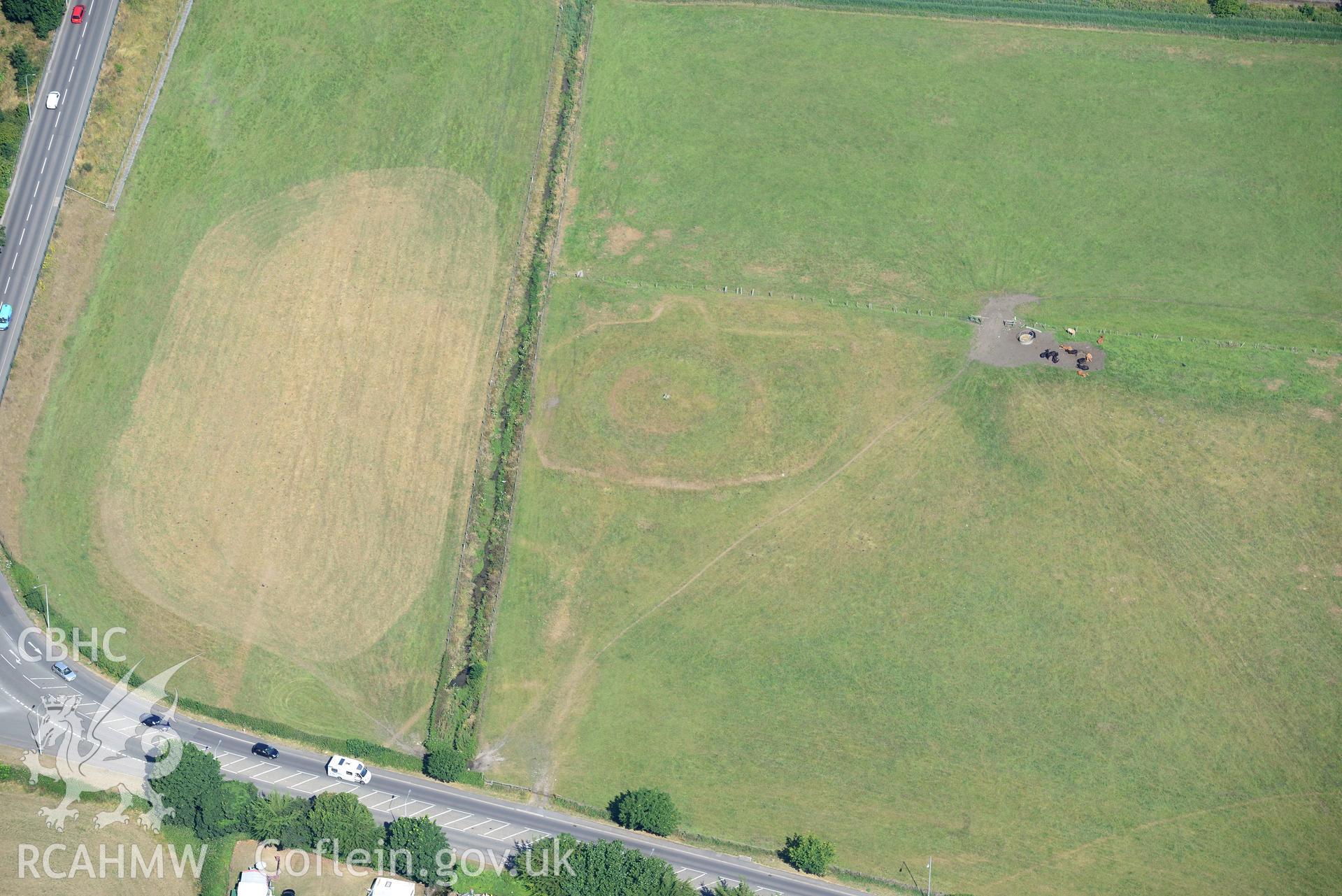 Royal Commission aerial photography of Prestatyn Castle, with parchmark details, taken on 19th July 2018 during the 2018 drought.