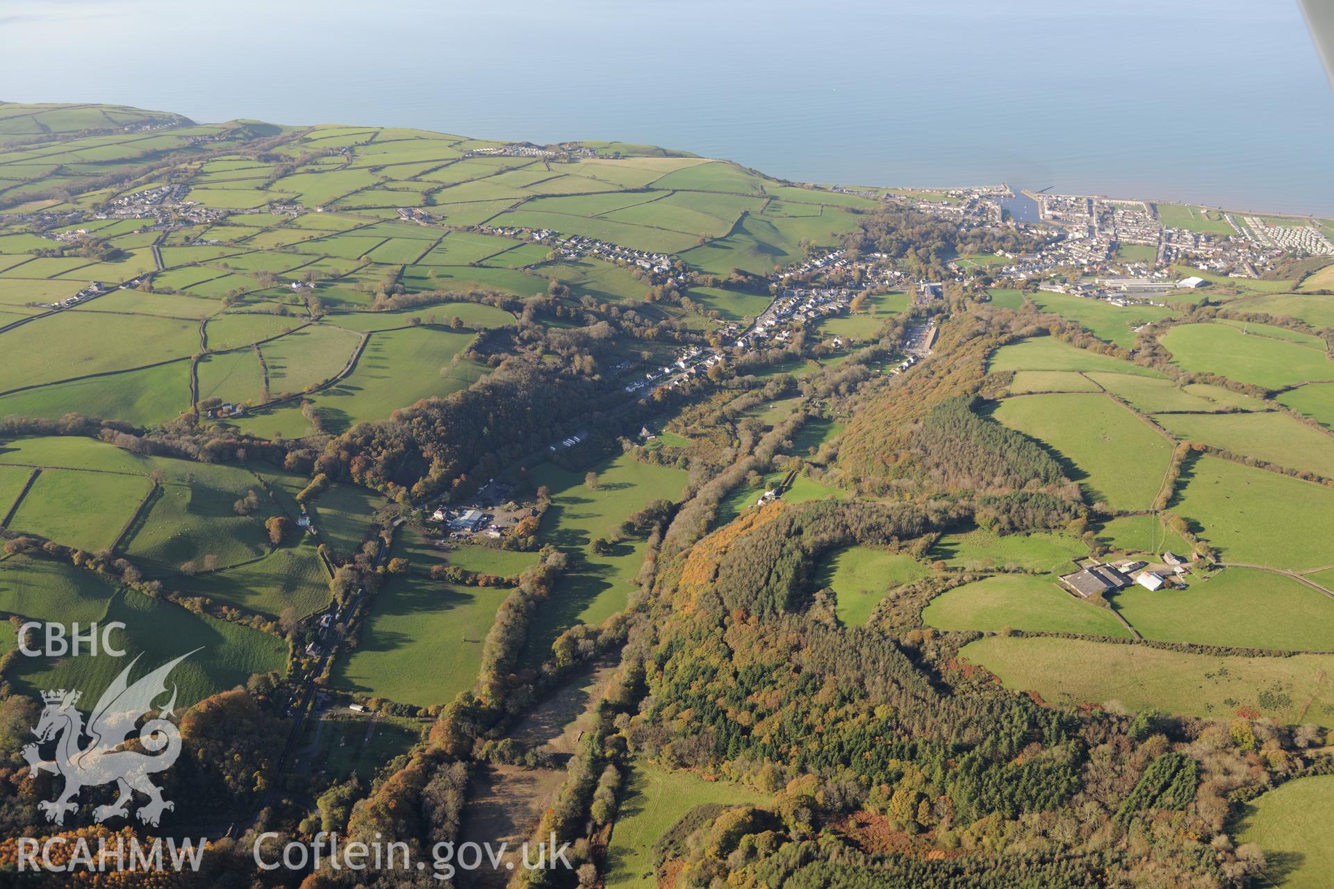 A view of Aberaeron taken from the south east and looking towards Cardigan Bay.  Oblique aerial photograph taken during the Royal Commission's programme of archaeological aerial reconnaissance by Toby Driver on 2nd November 2015.