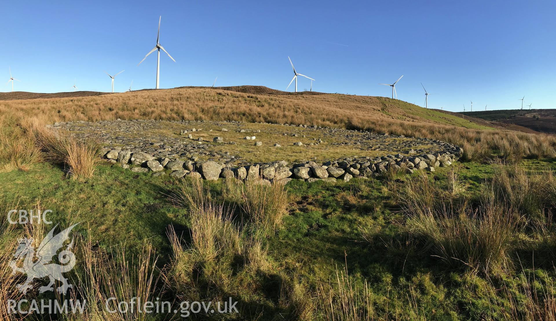 Digital colour photograph showing Brening 51 platform/burial cairn, Llanrhaeadr-yng-Nghinmeirch, taken by Paul Davis on 3rd December 2019.