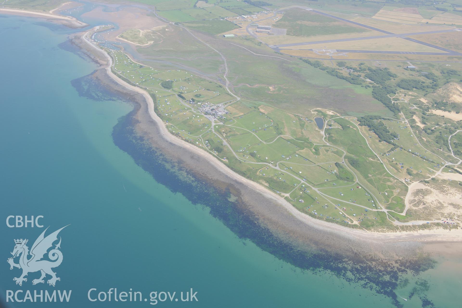 Track to Shell Island, Shell Island Harbour and Llanbedr Airfield, south of Harlech. Oblique aerial photograph taken during the Royal Commission?s programme of archaeological aerial reconnaissance by Toby Driver on 12th July 2013.