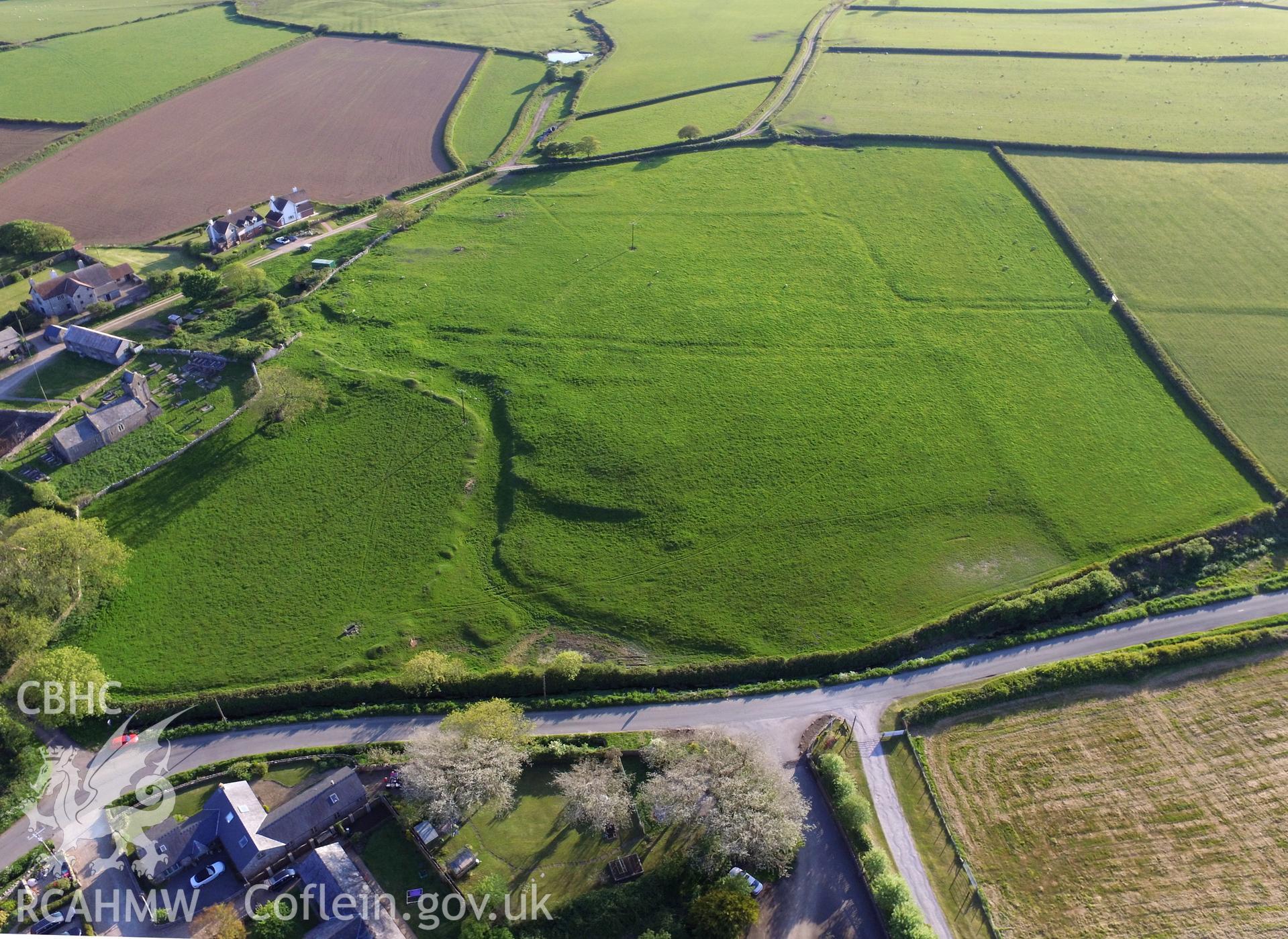 Colour photo showing aerial view of the earthworks north of Llanddewi, taken by Paul R. Davis, 19th May 2018.