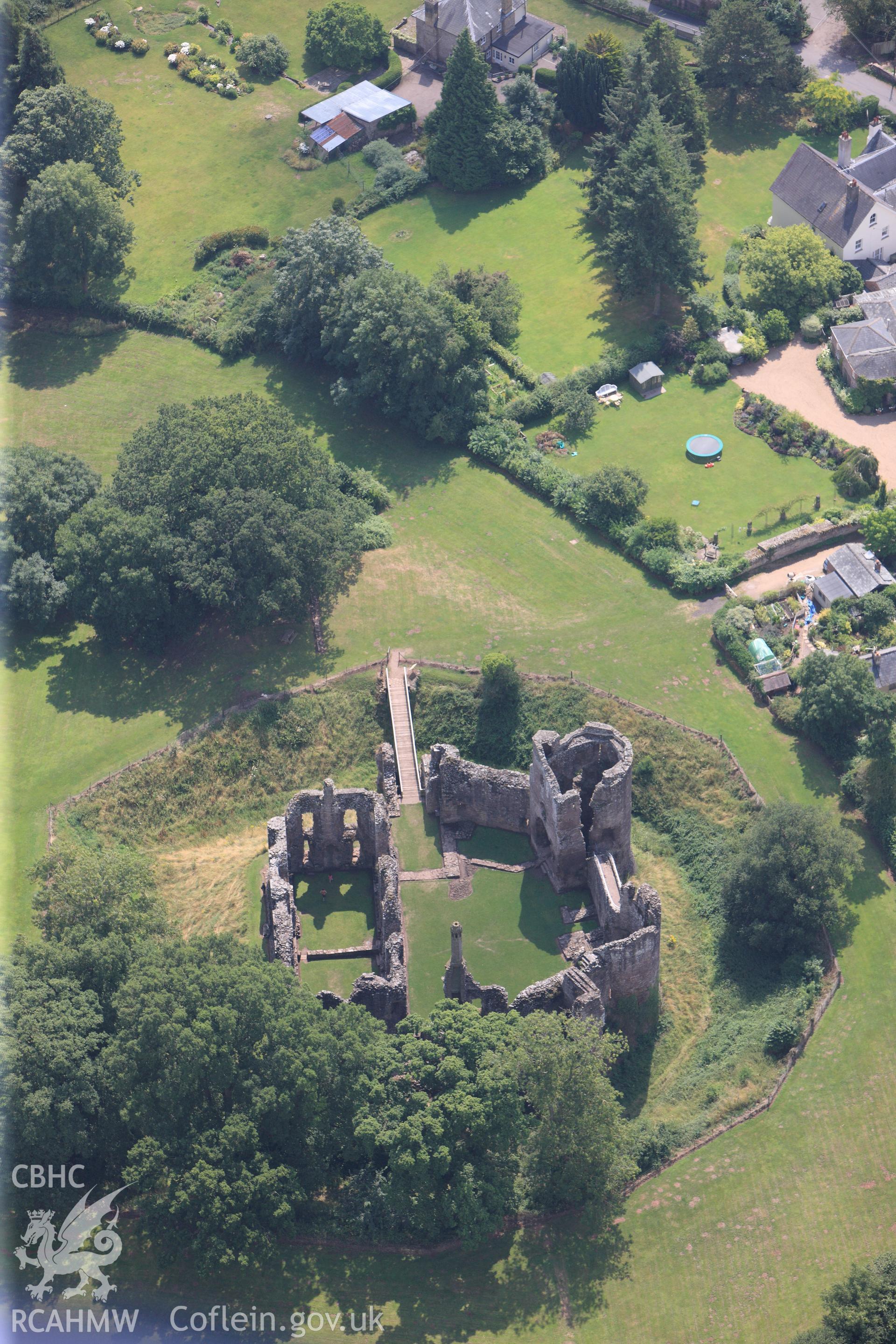 Grosmont Castle, in the town of Grosmont, north east of Abergavenny. Oblique aerial photograph taken during the Royal Commission?s programme of archaeological aerial reconnaissance by Toby Driver on 1st August 2013.