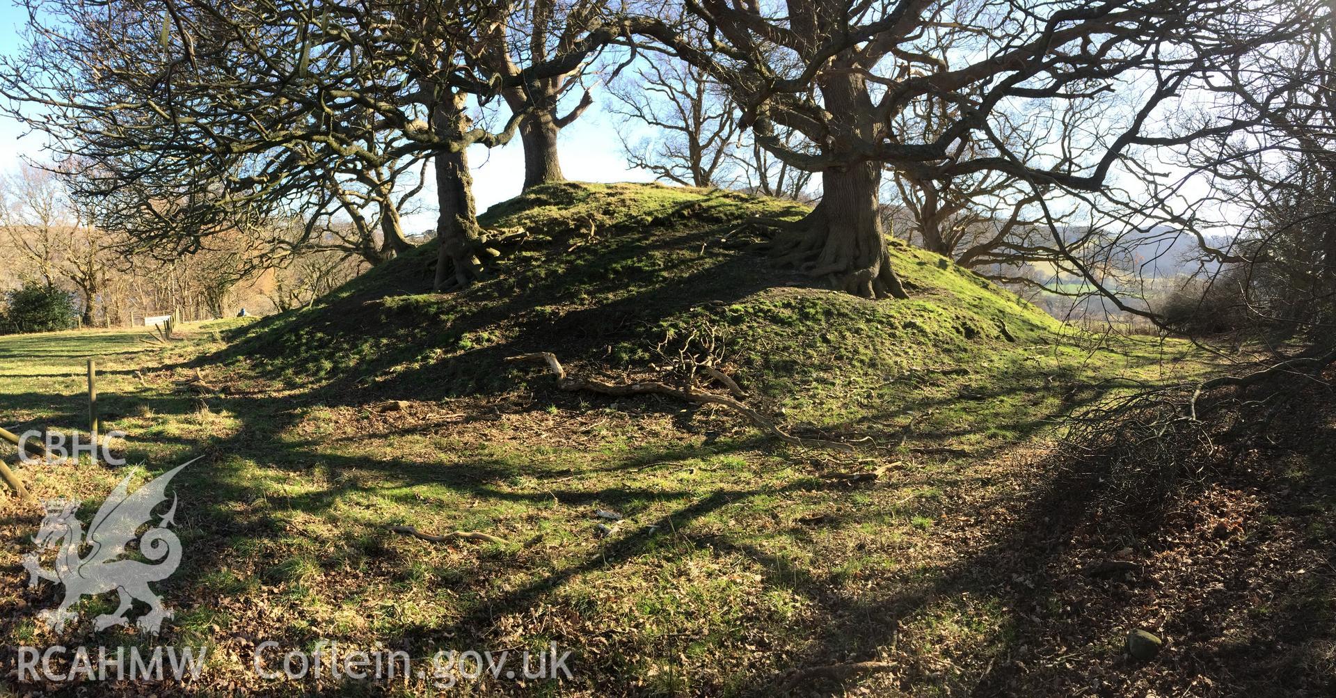 Colour photo showing view of Tal-y-cafn motte, taken by Paul R. Davis, 28th February 2018.