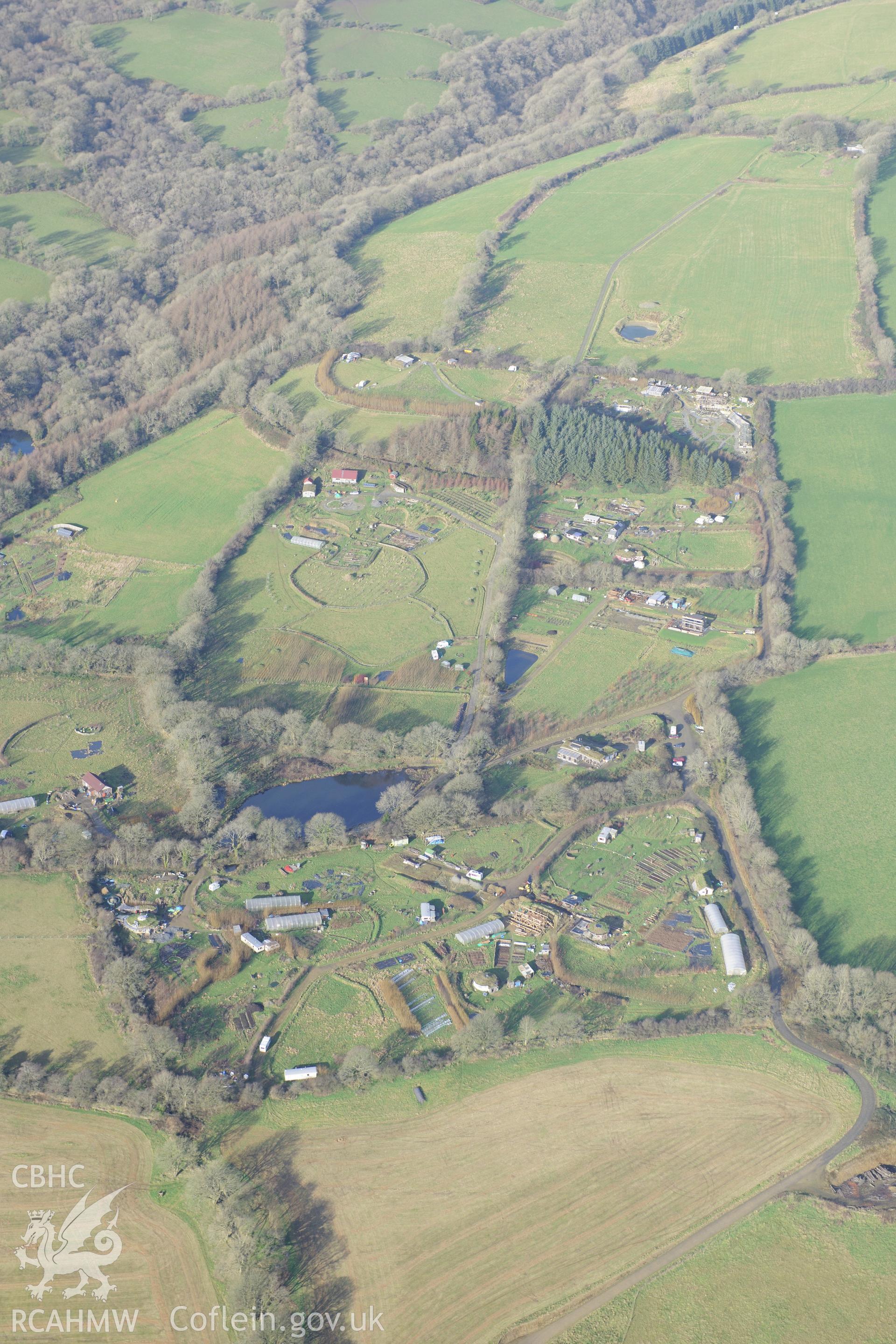 Tir y Gafel Eco Village (Lammas) Oblique aerial photograph taken during the Royal Commission's programme of archaeological aerial reconnaissance by Toby Driver on 6th January 2015.