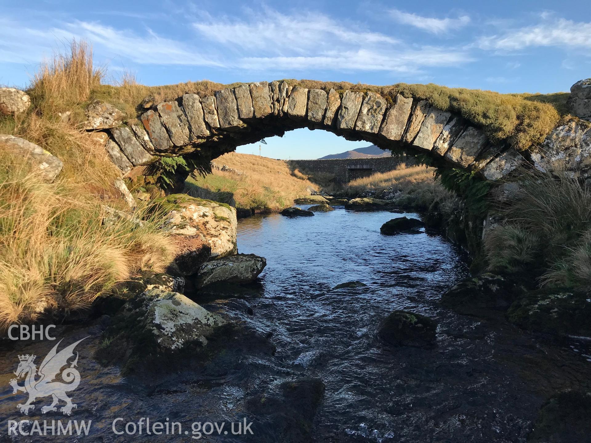 Colour photograph of Borrows Bridge with Pont Taihirion bridge beyond, Llanycil, between Blaenau Ffestiniog and Bala, taken by Paul R. Davis on 15th February 2019.