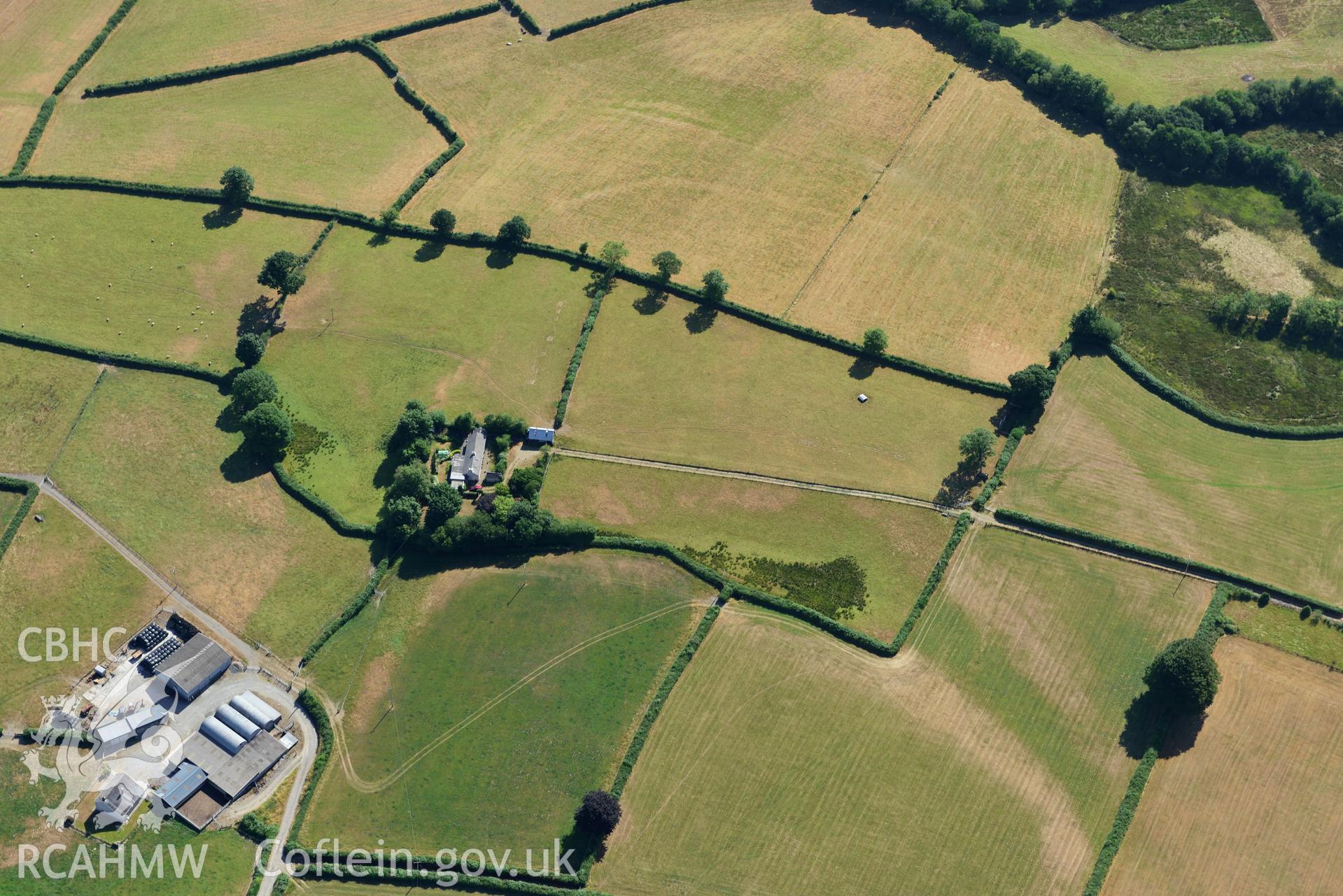 Royal Commission aerial photography of Glynrhiced-fach possible enclosure, taken on 19th July 2018 during the 2018 drought.