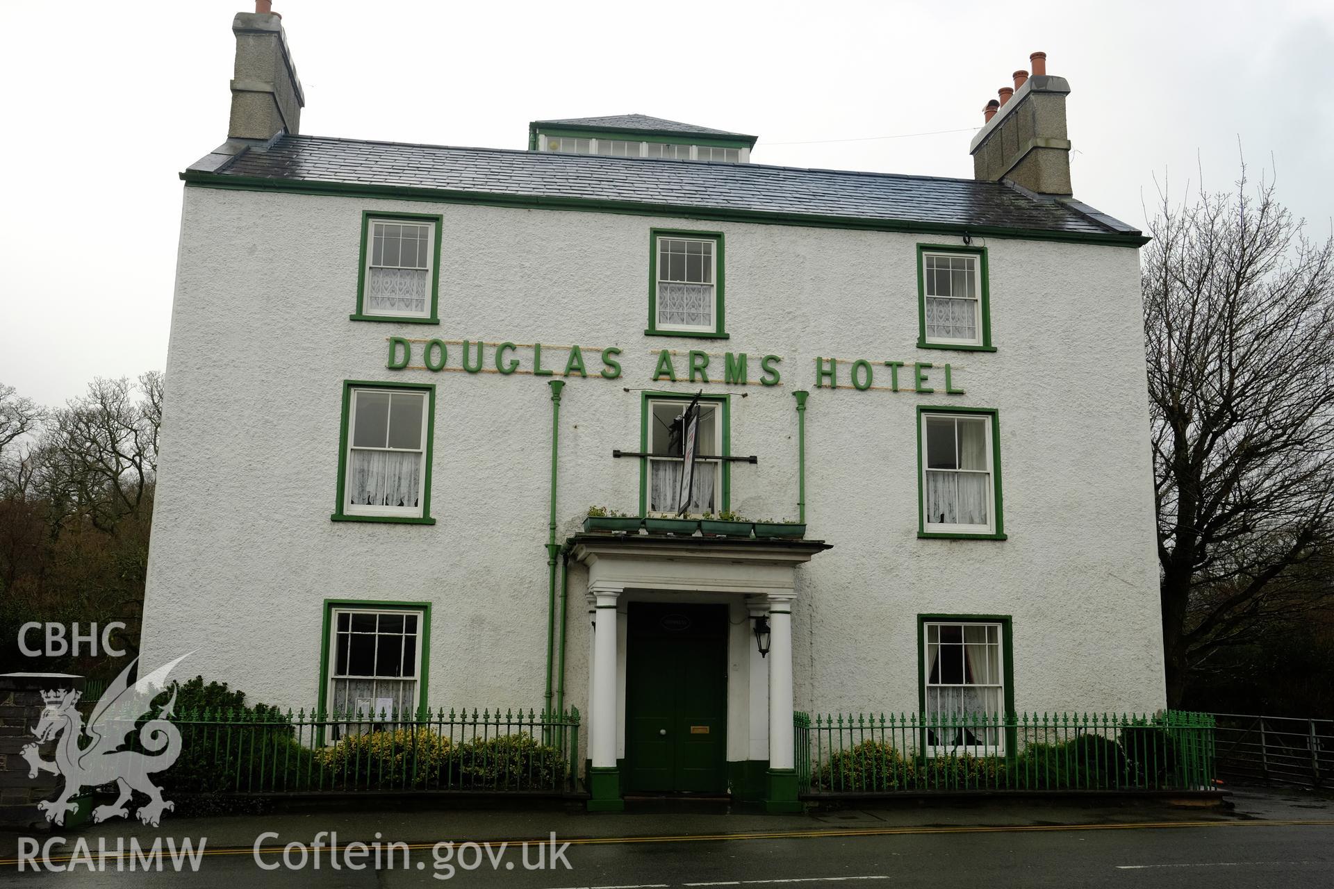 Colour photograph showing view looking south at the Douglas Arms Hotel, Bethesda, produced by Richard Hayman 31st January 2017