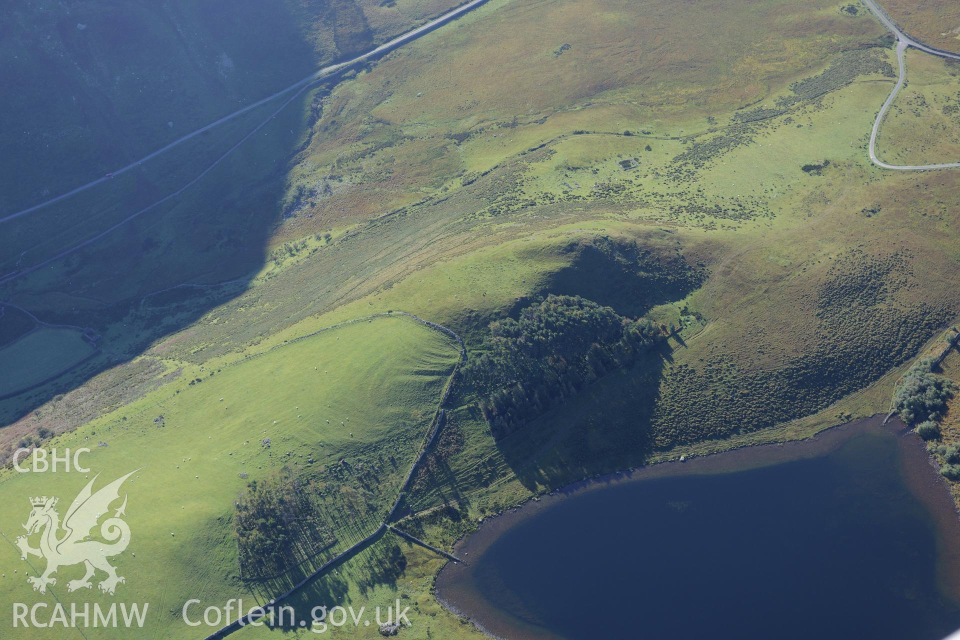 Cultivation or ploughing marks at Llynnau Cregennen on the slopes of Cadair Idris. Oblique aerial photograph taken during the Royal Commission's programme of archaeological aerial reconnaissance by Toby Driver on 2nd October 2015.