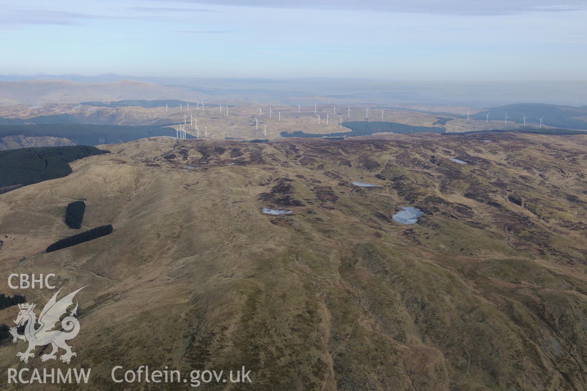 Cefn Croes wind farm, south east of Ponterwyd. Oblique aerial photograph taken during the Royal Commission?s programme of archaeological aerial reconnaissance by Toby Driver on 28th February 2013.