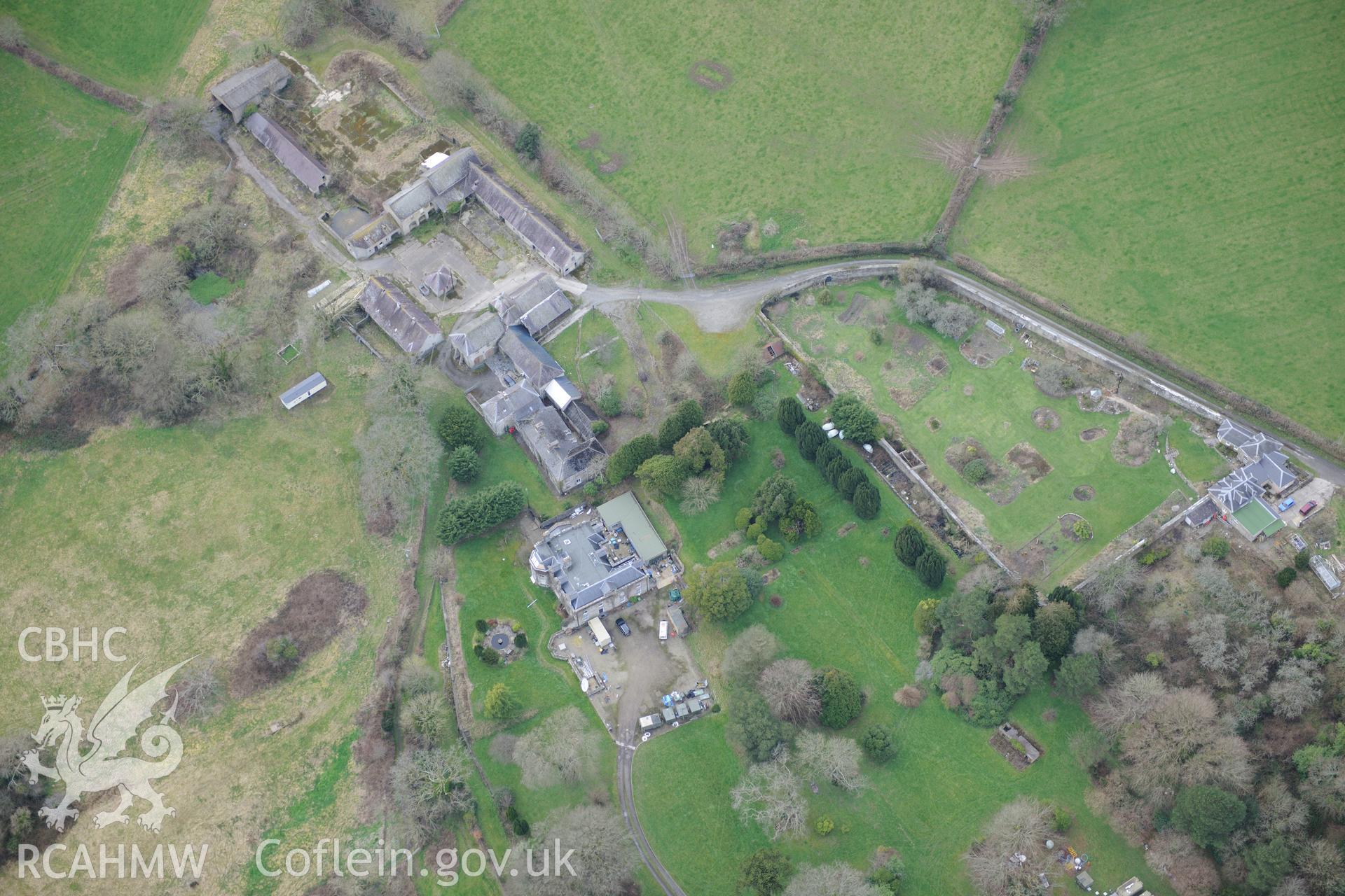 Pentre mansion and garden, farmhouse, farm and cottage, near Newchapel, Boncath. Oblique aerial photograph taken during the Royal Commission's programme of archaeological aerial reconnaissance by Toby Driver on 13th March 2015.