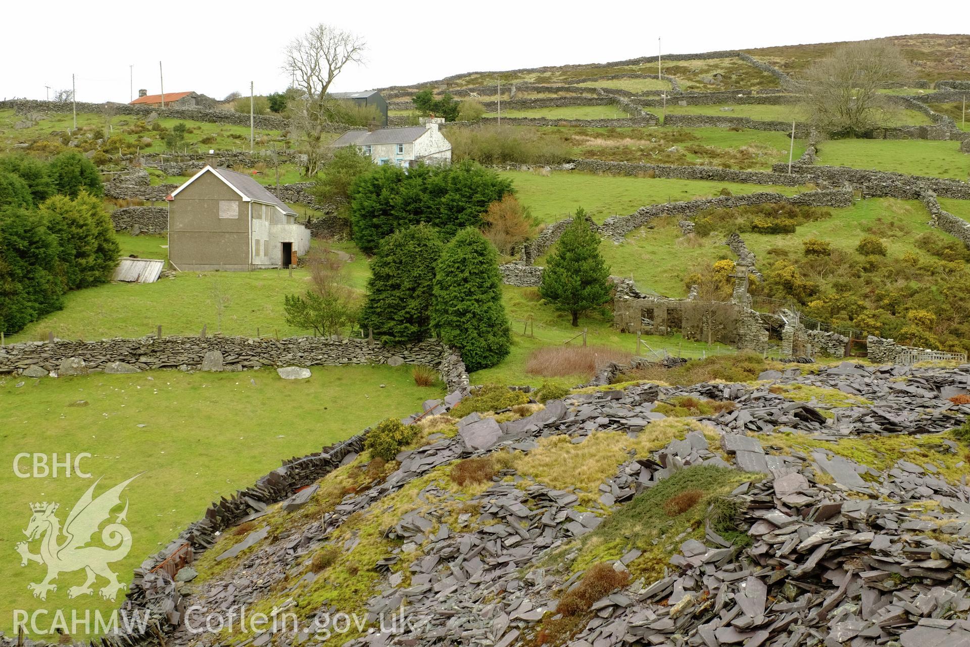 Colour photograph showing view looking north at field walls, cottages and a spoil tip, Cilgwyn, produced by Richard Hayman 7th March 2017