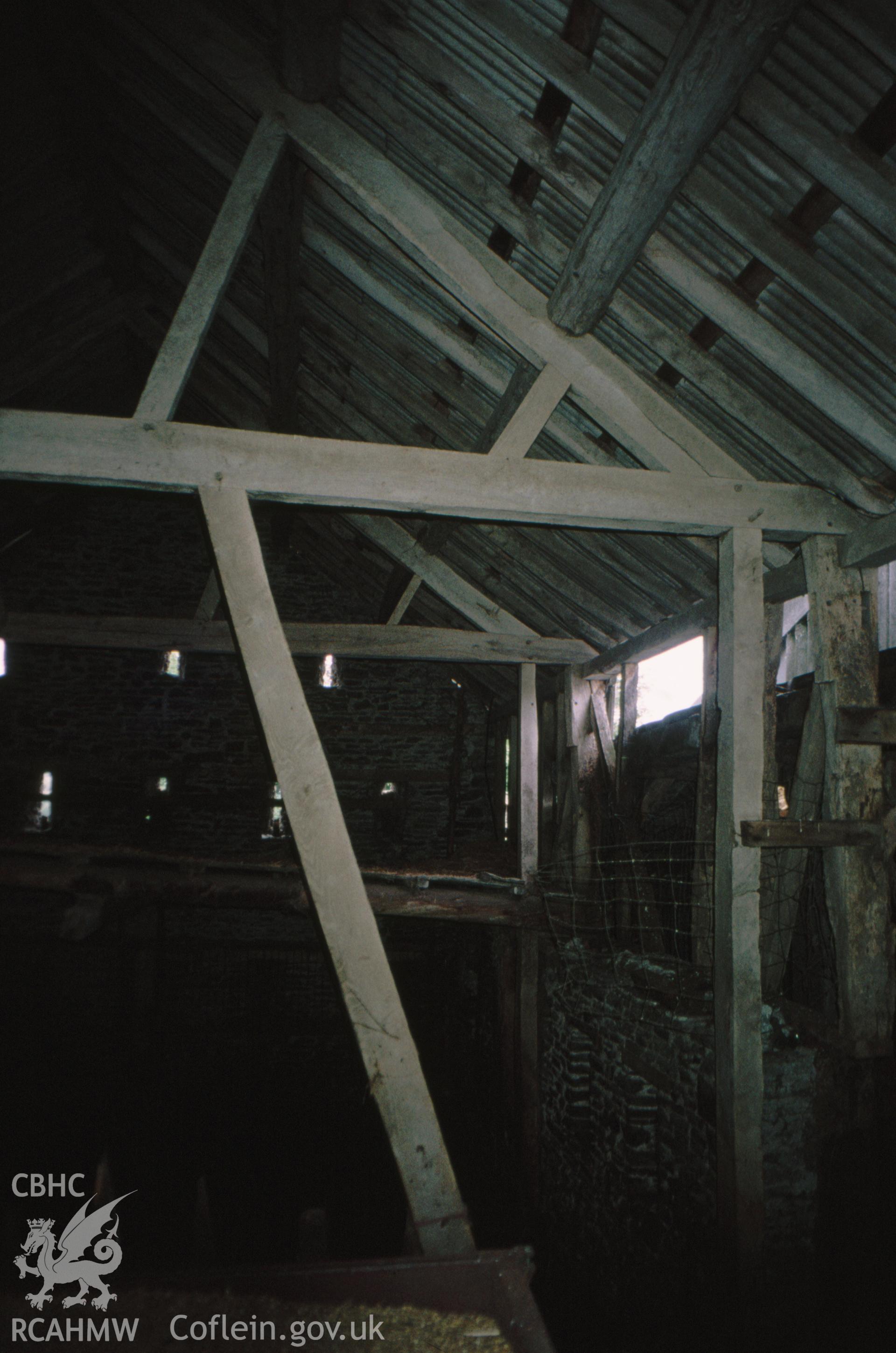 Digital copy of a colour slide showing interior structure of Pilleth Court Farm Building.