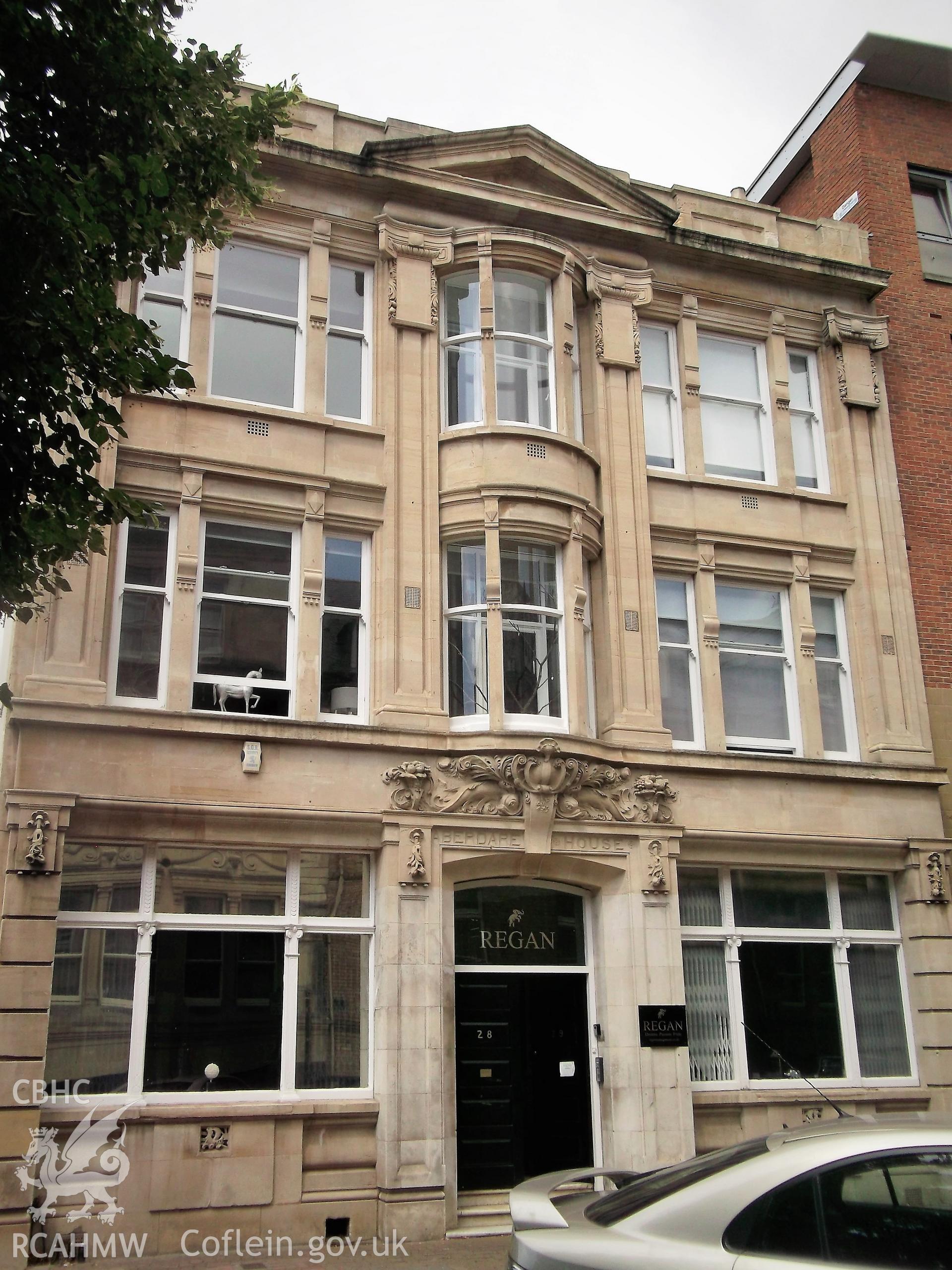 Colour photograph showing exterior of Aberdare House, Mount Stuart Square, Butetown, taken by Adam Coward on 10th July 2018.