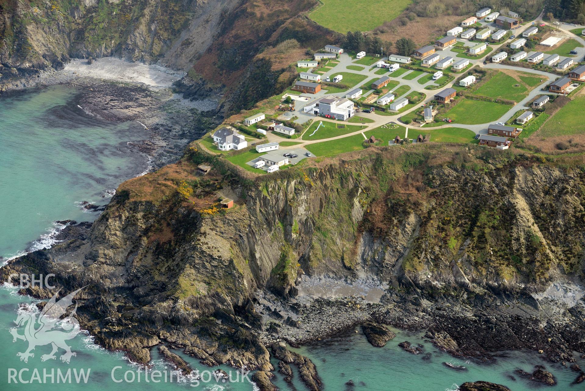 Royal Commission aerial photograph of Fishguard Battery taken on 27th March 2017. Baseline aerial reconnaissance survey for the CHERISH Project. ? Crown: CHERISH PROJECT 2017. Produced with EU funds through the Ireland Wales Co-operation Programme 2014-2020. All material made freely available through the Open Government Licence.