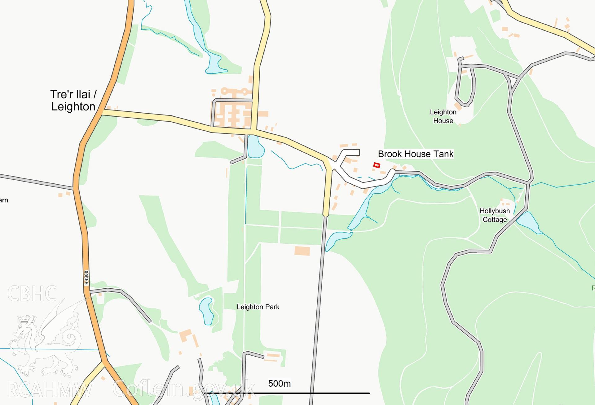 Modern location map used in report illustrations prepared as part of CPAT Project 2356: Brook House Tank, Leighton, Powys - Building Survey, 2019. Report no. 1645.