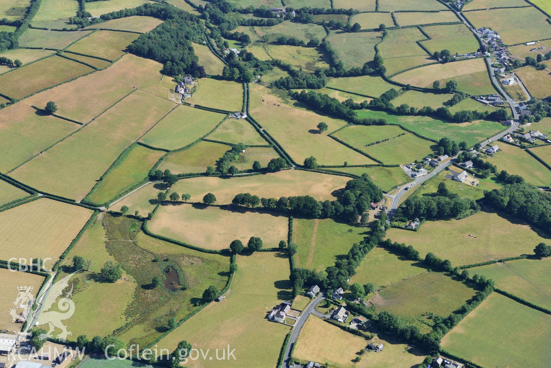 Royal Commission aerial photography of Roman road parchmarks at Aber-Giar or Ffynnon-drain taken on 19th July 2018 during the 2018 drought.