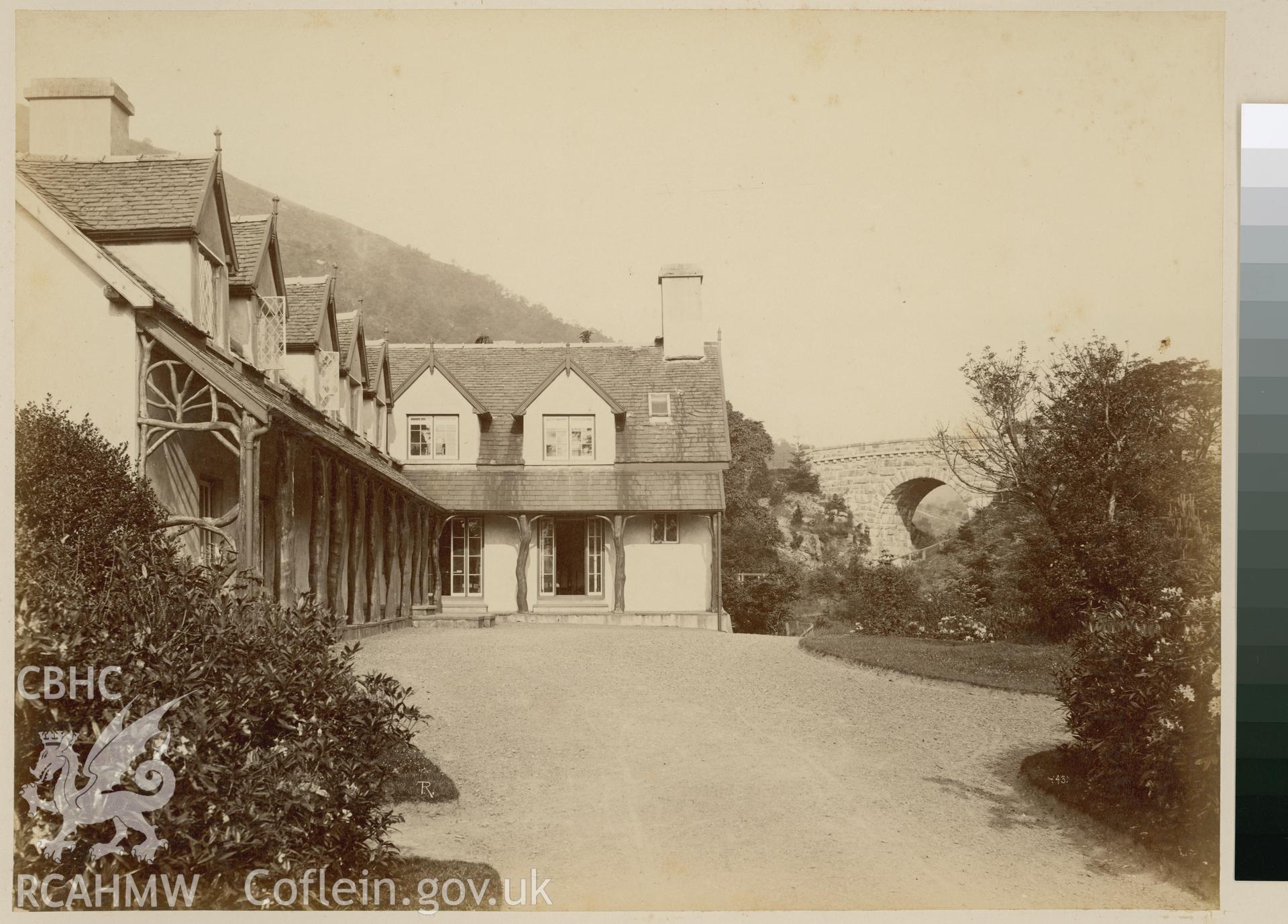 Digital copy of an albumen print from Edward Hubbard Collection. Album 'Lake Vyrnwy Photographs' print entitled 'Eunant Hall' showing exterior of building.