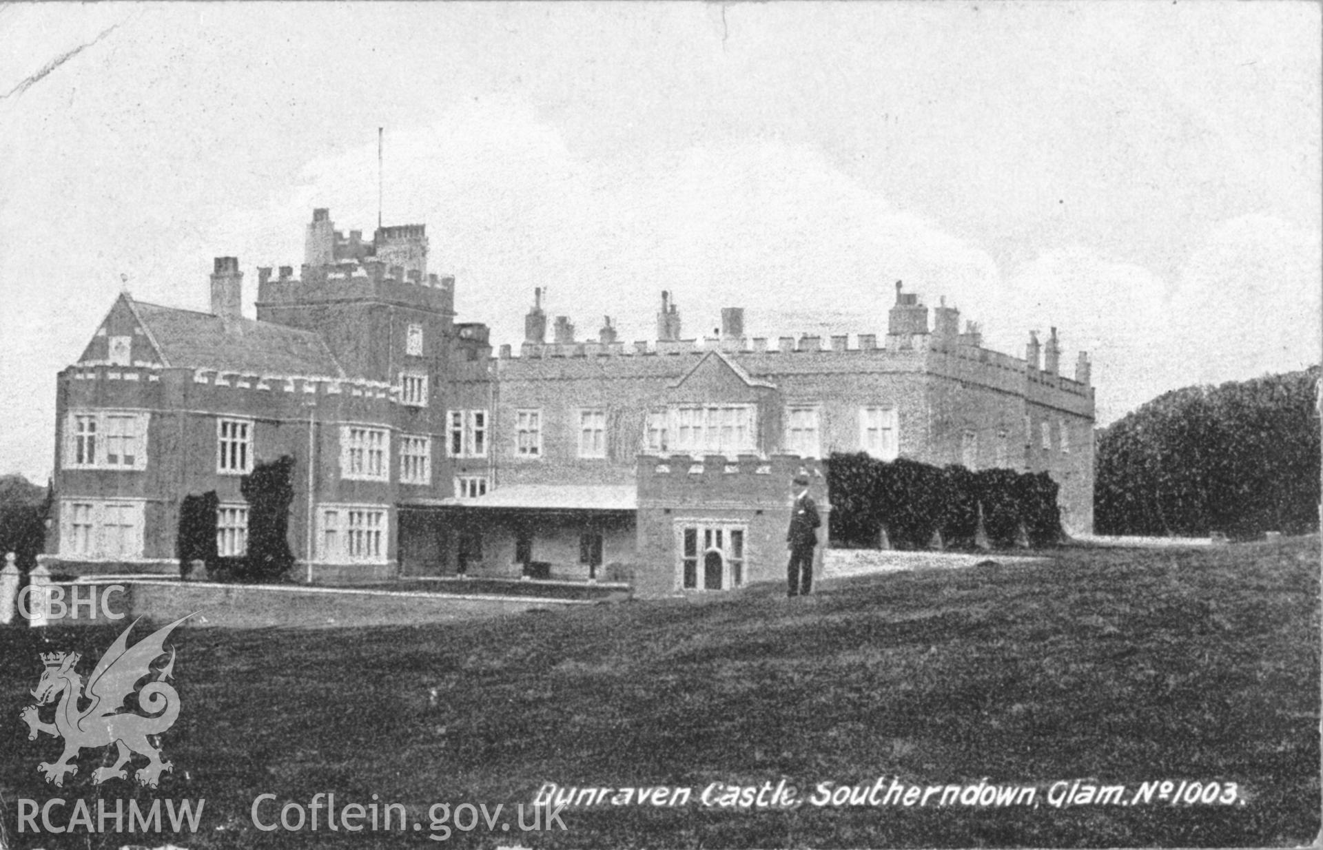 Digital copy of an acetate negative showing postcard view of Dunraven Castle.