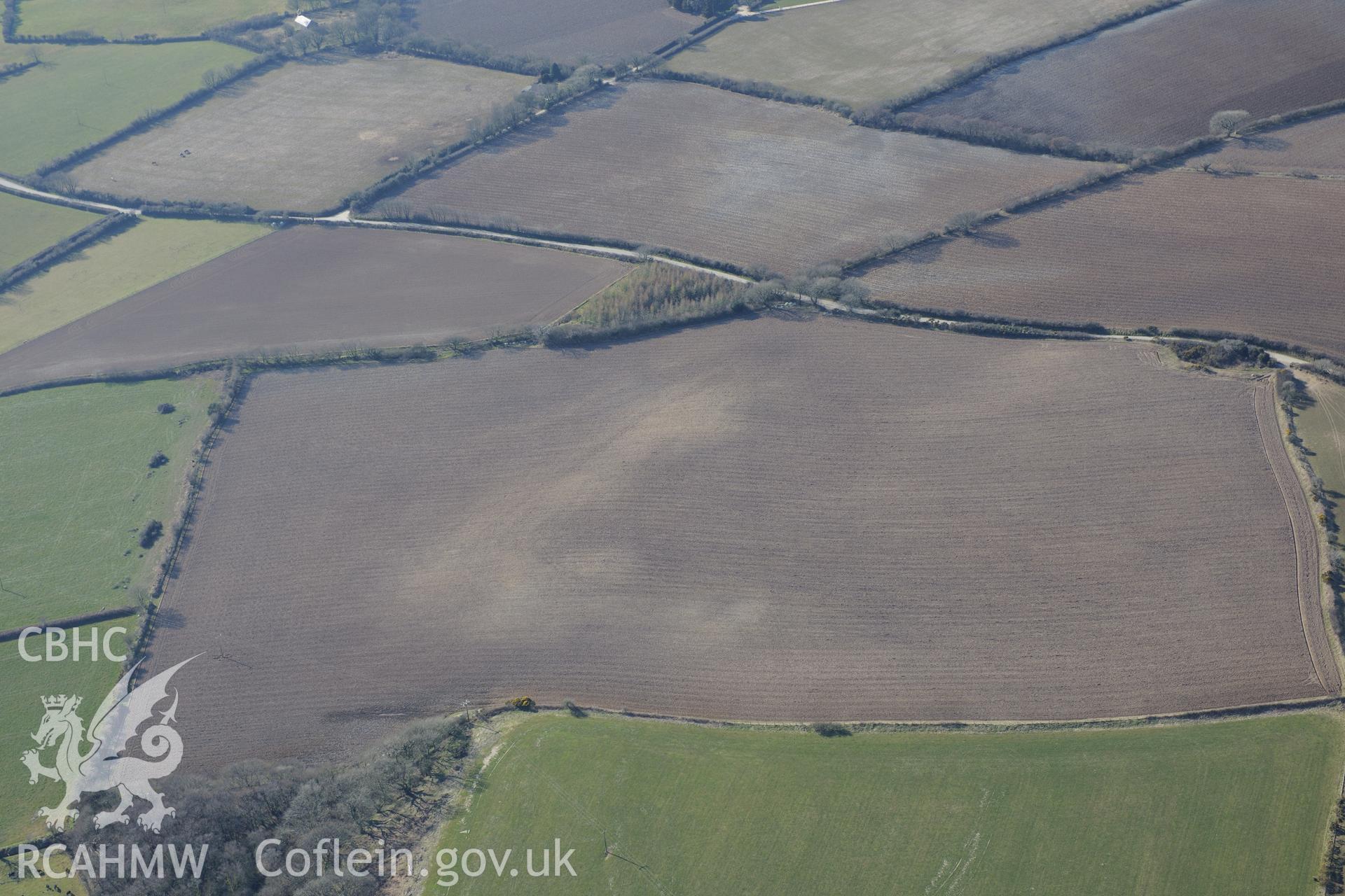 Causewayed enclosure and defended enclosure north east of Dryslwyn, south west of Cardigan. Oblique aerial photograph taken during the Royal Commission's programme of archaeological aerial reconnaissance by Toby Driver on 2nd April 2013.