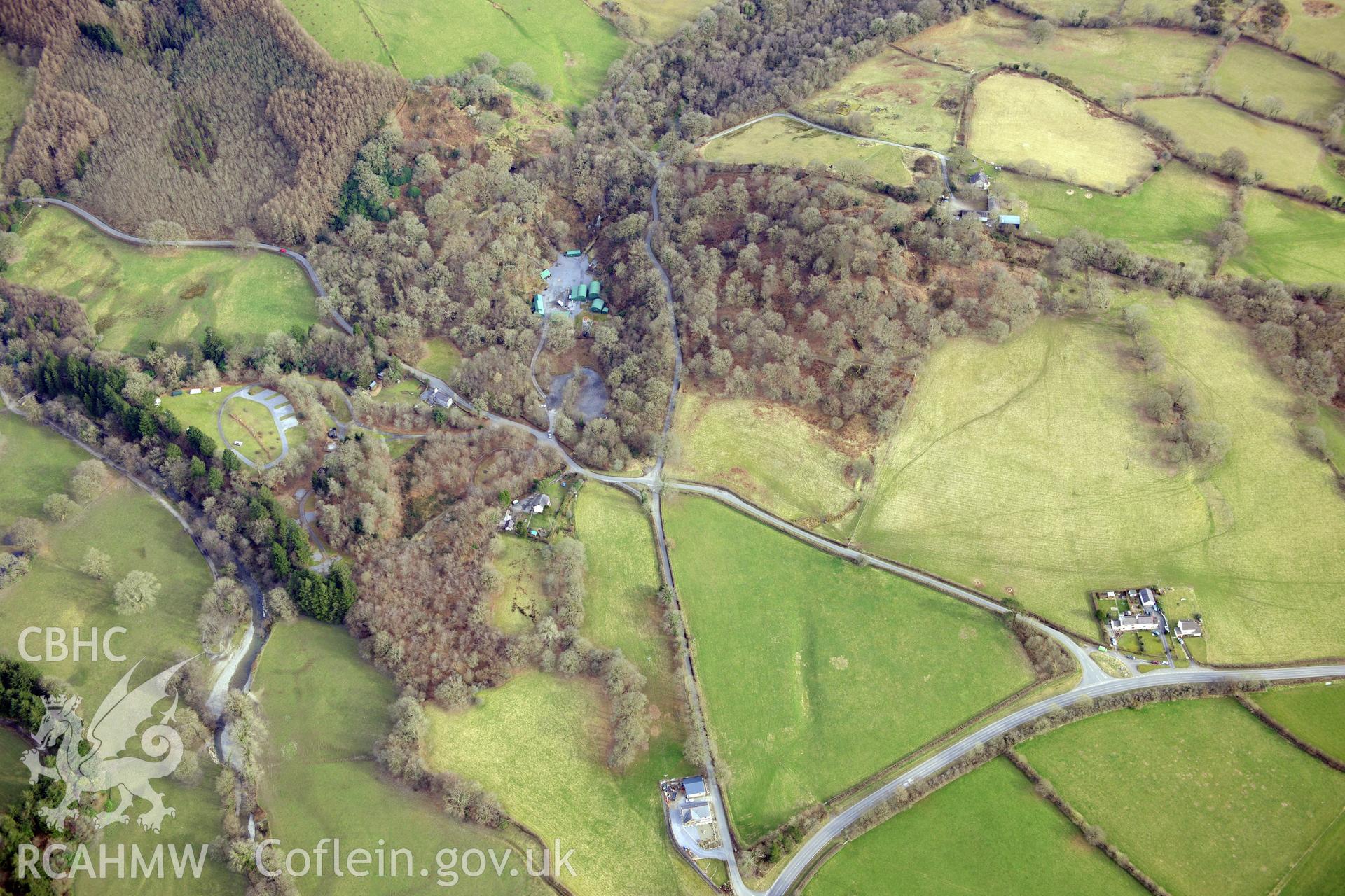 Dolaucothi gold mines and probable drainage channel to the north west of the mines, Pumsaint, north west of Llandovery. Oblique aerial photograph taken during Royal Commission?s programme of archaeological aerial reconnaissance by Toby Driver, 28/02/2013.