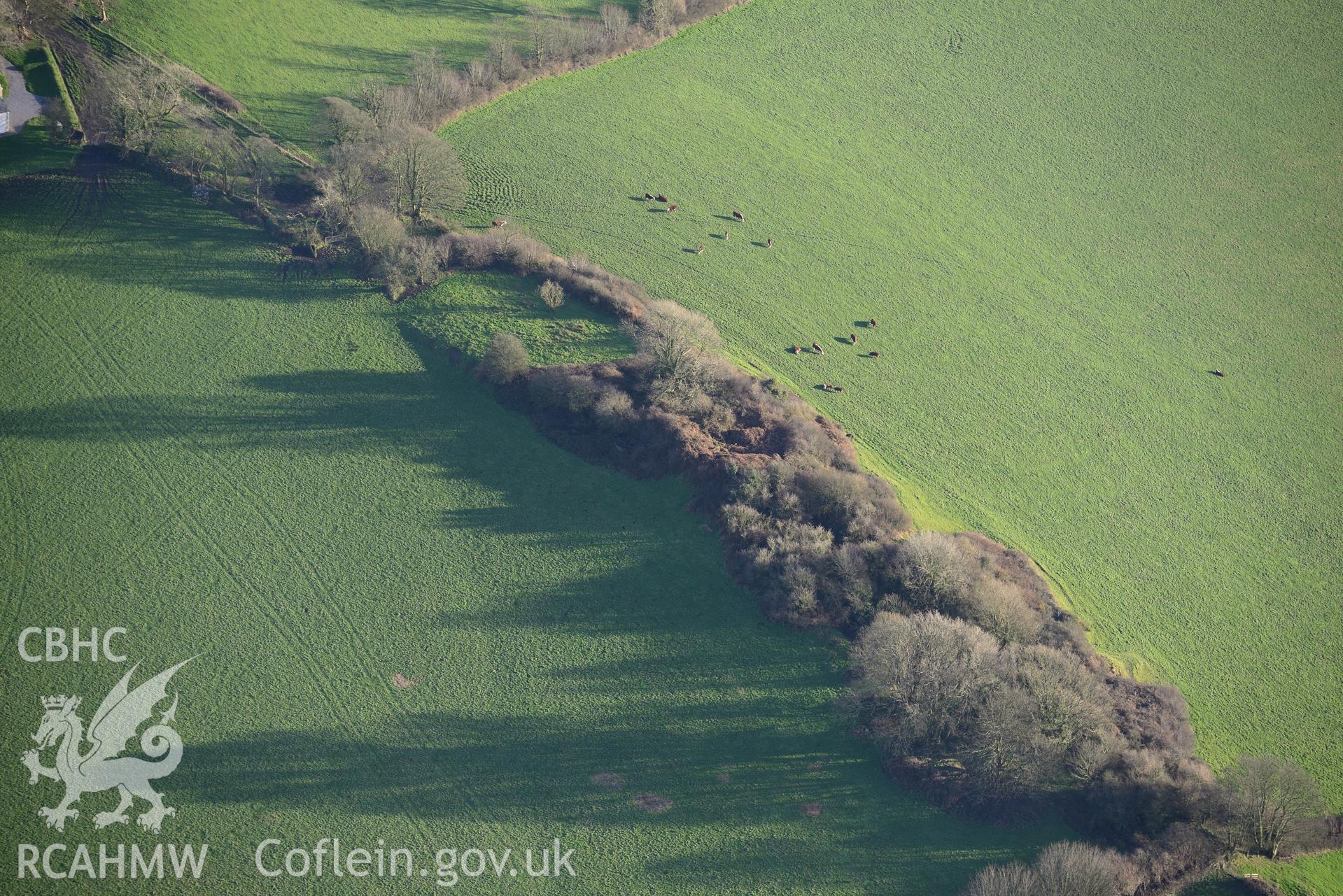 Castell Abertaf. Oblique aerial photograph taken during the Royal Commission's programme of archaeological aerial reconnaissance by Toby Driver on 6th January 2015.