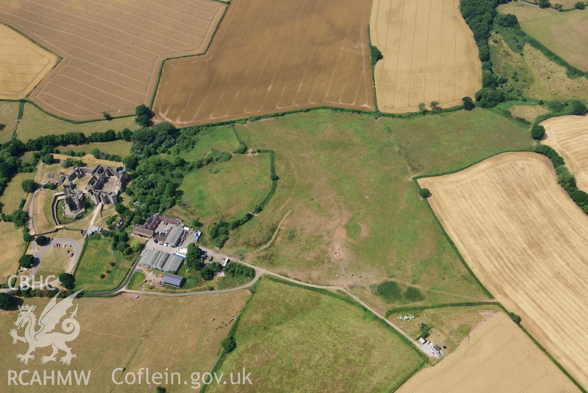 Royal Commission aerial photography of Raglan Castle siegework taken on 19th July 2018 during the 2018 drought.