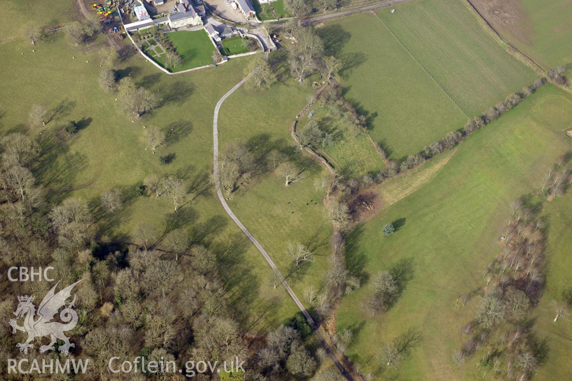 Enclosure at Old Foxhall, Henllan, north west of Denbigh. Oblique aerial photograph taken during the Royal Commission?s programme of archaeological aerial reconnaissance by Toby Driver on 28th February 2013.