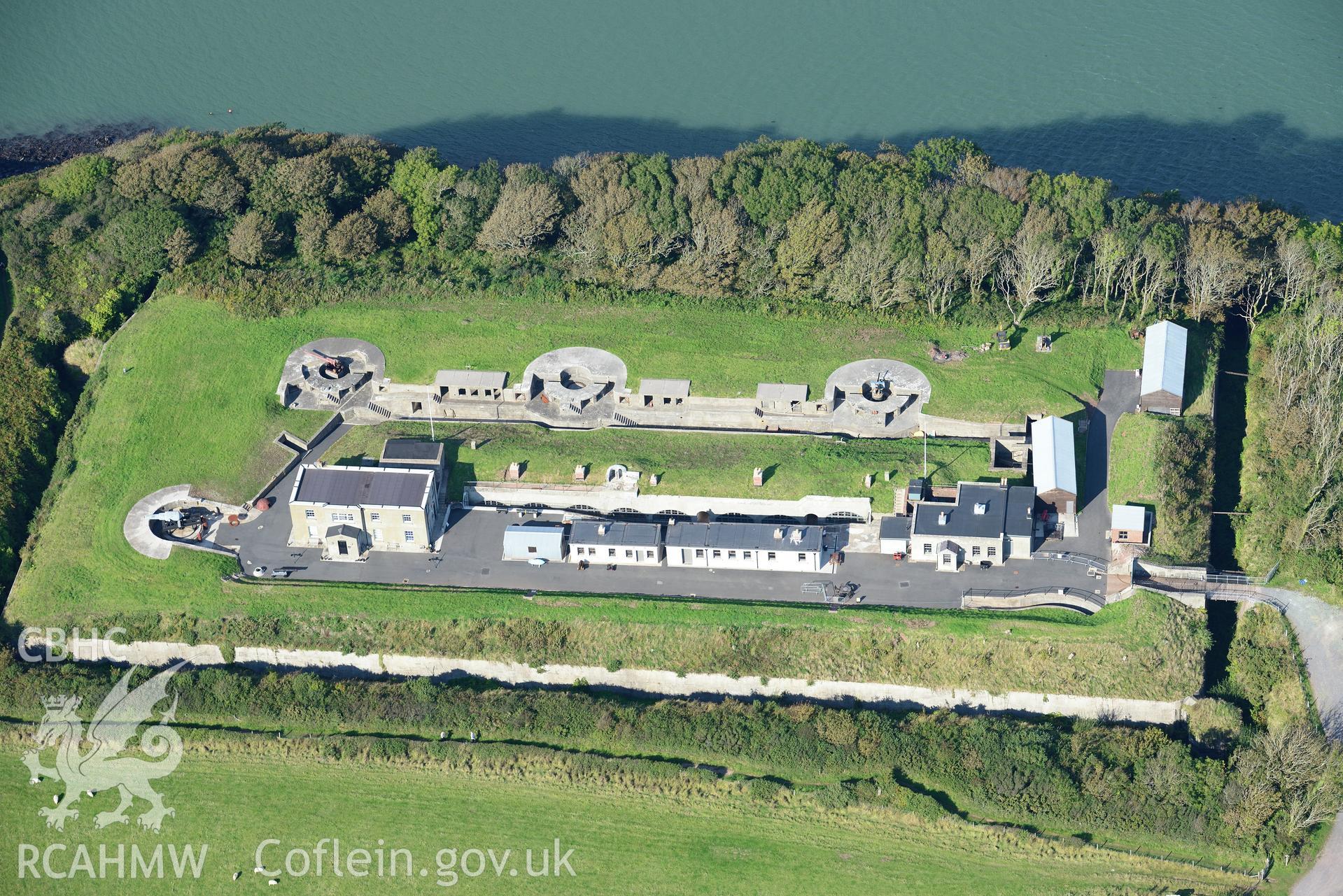 Chapel Bay Fort, west of Pembroke Dock. Oblique aerial photograph taken during the Royal Commission's programme of archaeological aerial reconnaissance by Toby Driver on 30th September 2015.