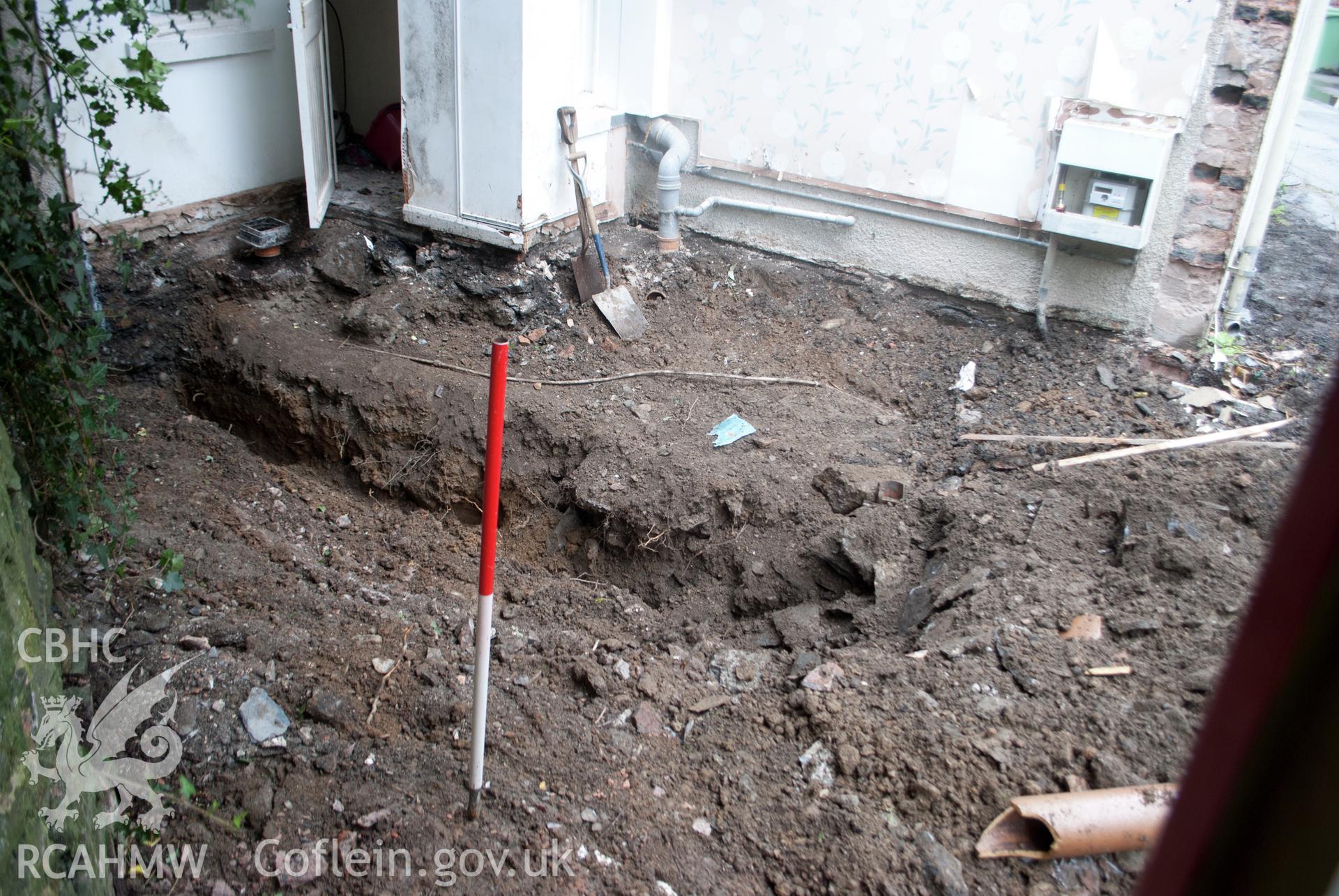 General 'work in progress' view from the south south east showing new foundation trench excavation at Gwynle, Bala. Photographed during archaeological watching brief conducted by Gwynedd Archaeological Trust on 21 September 2018. Project no. G2573.