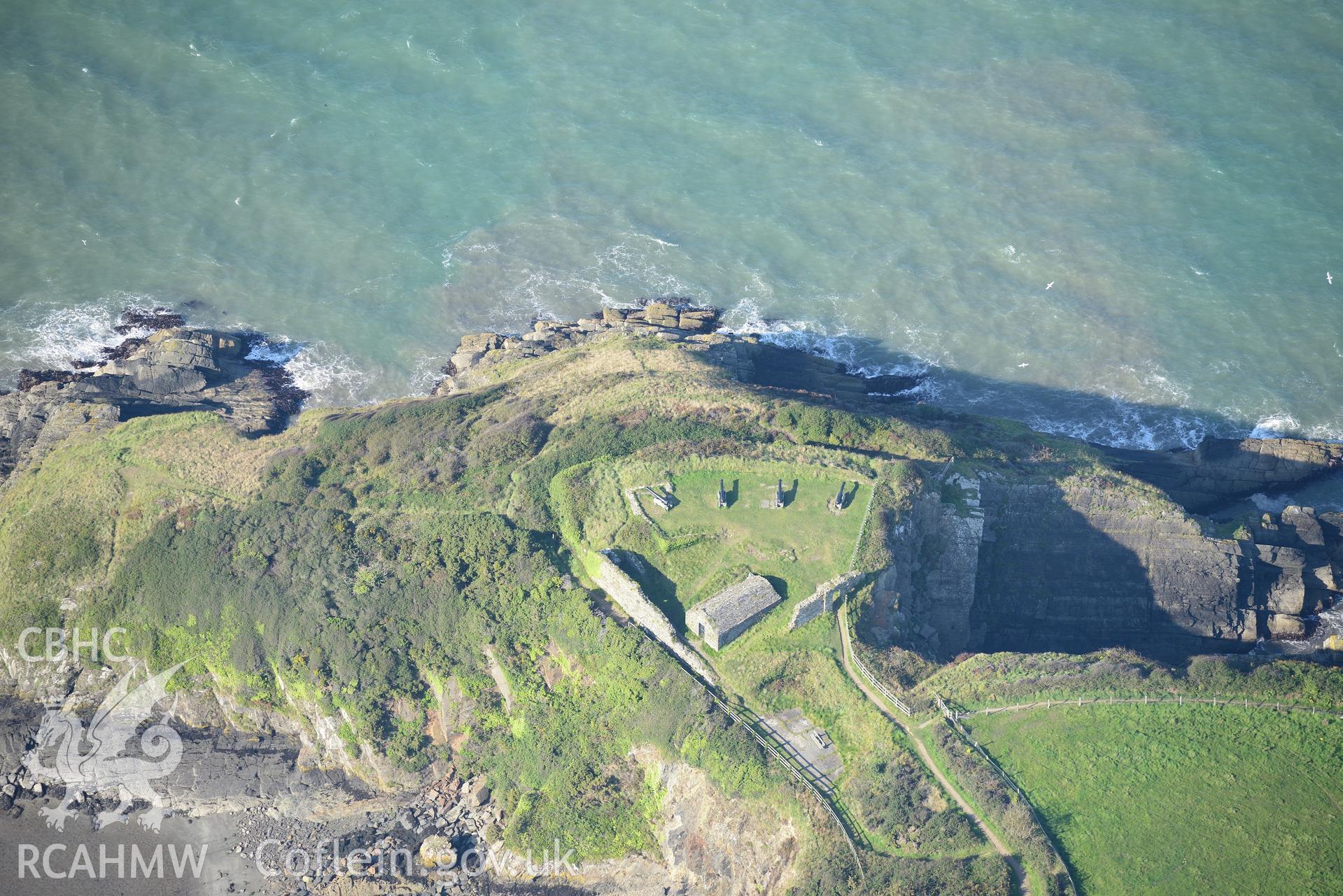 Castle Point old fort, Fishguard. Oblique aerial photograph taken during the Royal Commission's programme of archaeological aerial reconnaissance by Toby Driver on 30th September 2015.