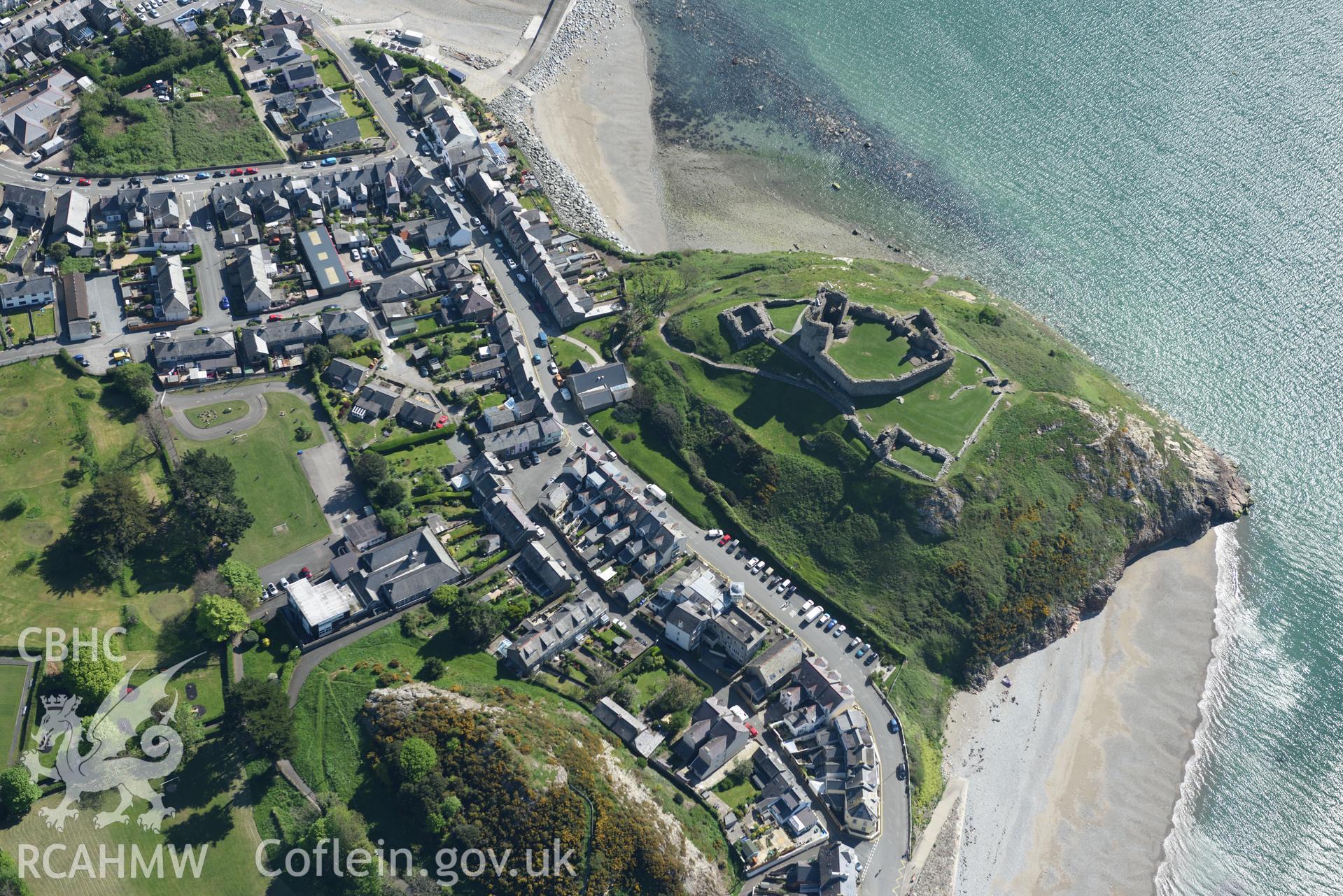 Aerial photography of Criccieth and its castle taken on 3rd May 2017.  Baseline aerial reconnaissance survey for the CHERISH Project. ? Crown: CHERISH PROJECT 2017. Produced with EU funds through the Ireland Wales Co-operation Programme 2014-2020. All ma