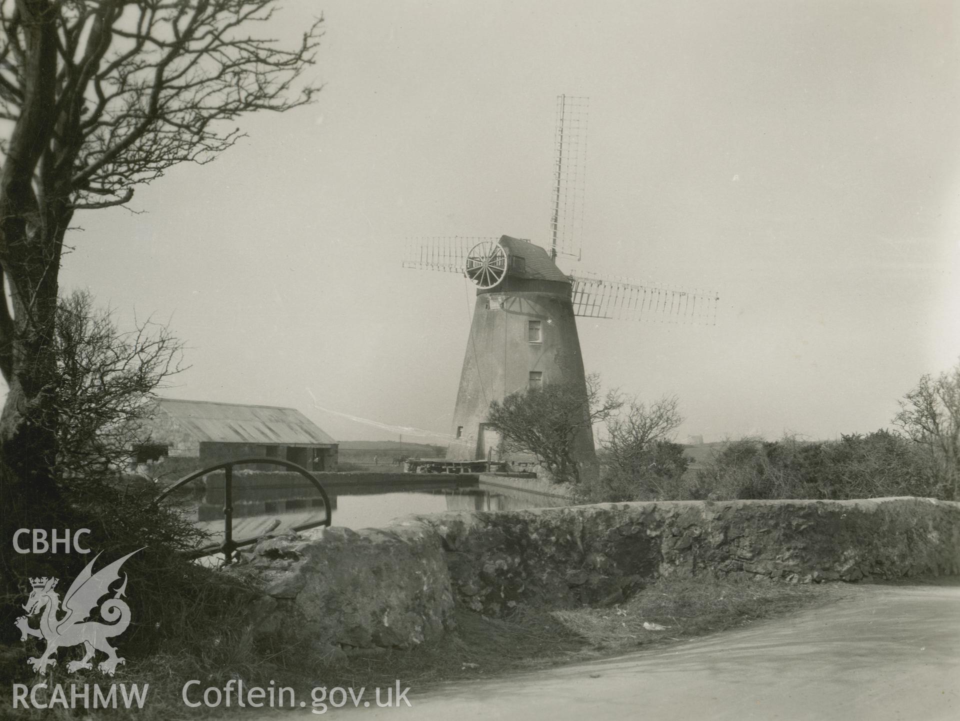 Digital copy of a photo from the Rex Wailes Collection showing view of Melin y Bont Windmill.